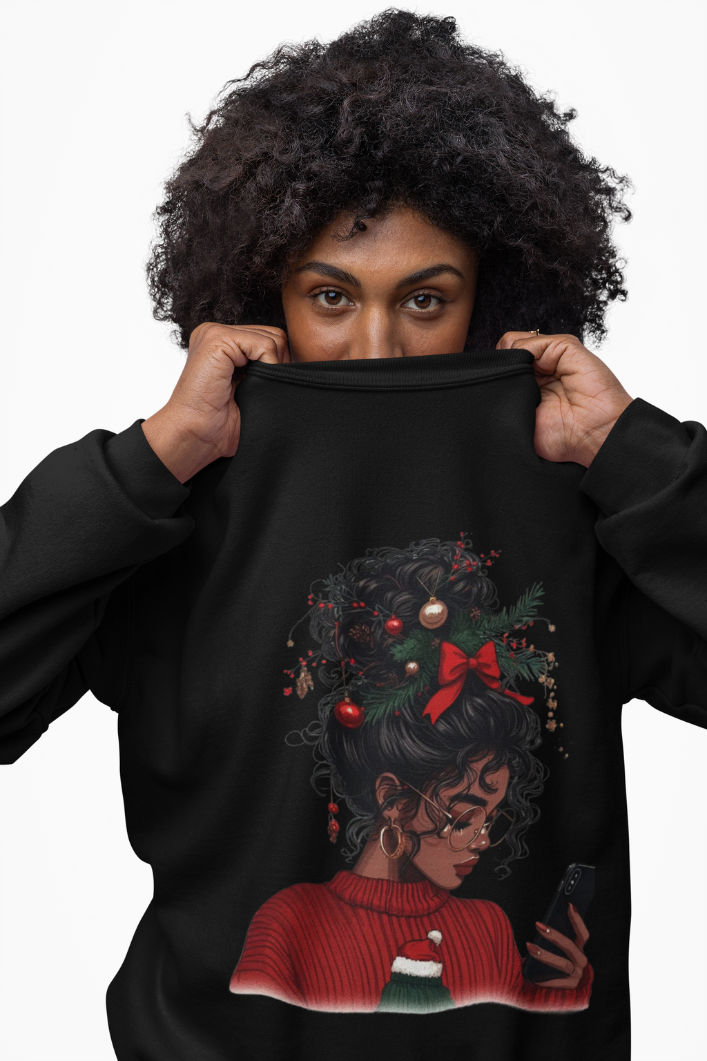 Christmas Afro Puff Girl Sweatshirt — Cozy Holiday Phone Texting Graphic Crewneck