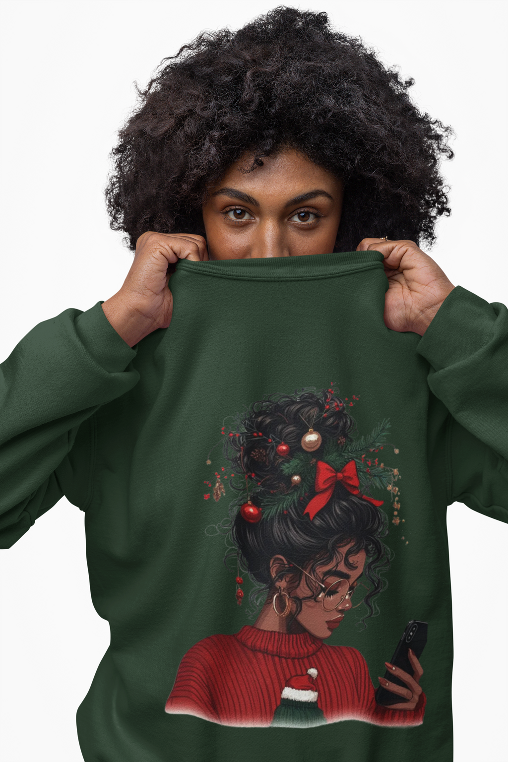 Christmas Afro Puff Girl Sweatshirt — Cozy Holiday Phone Texting Graphic Crewneck