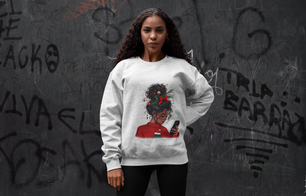 Christmas Afro Puff Girl Sweatshirt — Cozy Holiday Phone Texting Graphic Crewneck