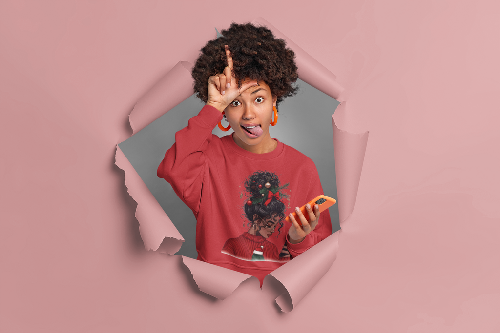 Christmas Afro Puff Girl Sweatshirt — Cozy Holiday Phone Texting Graphic Crewneck