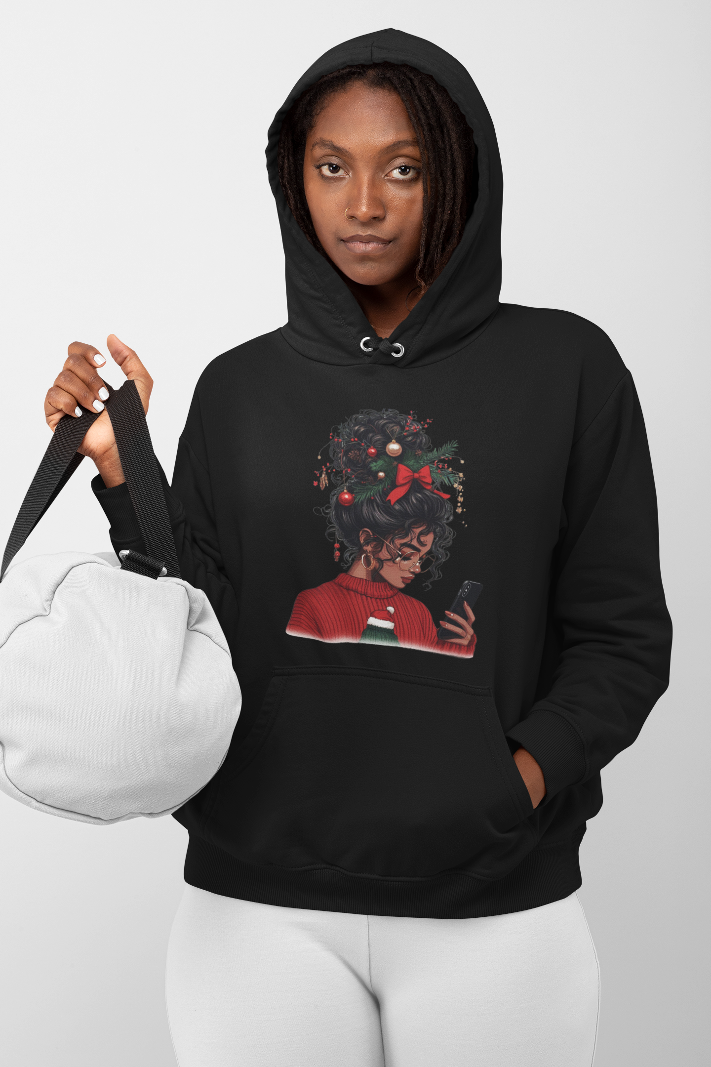 Afro Tech Girl Graphic Hoodie — Phone-Scrolling Illustration Fleece Hoodie
