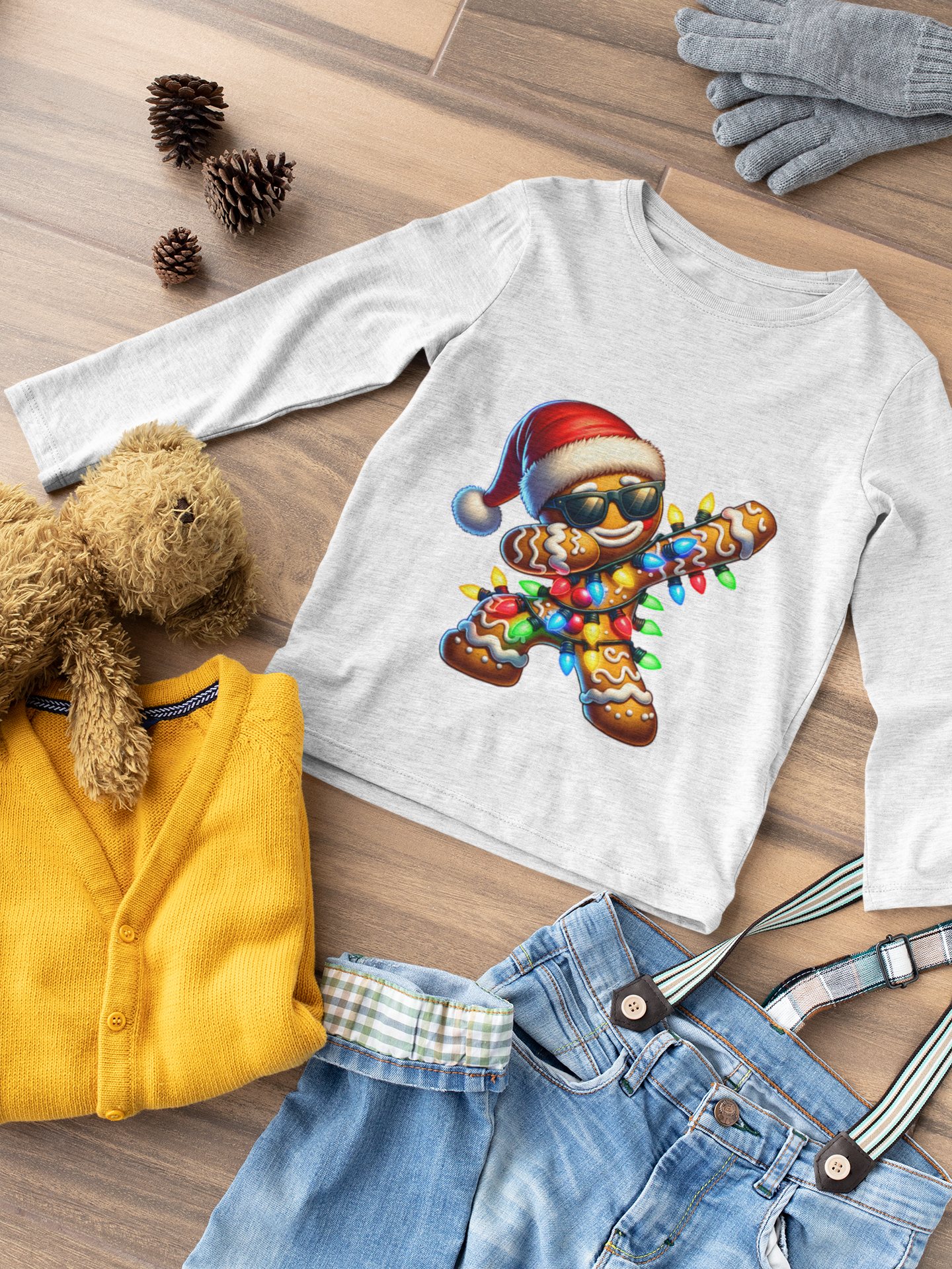 Dabbing Gingerbread Cookie Toddler Long Sleeve Tee | Christmas Santa Hat Lights