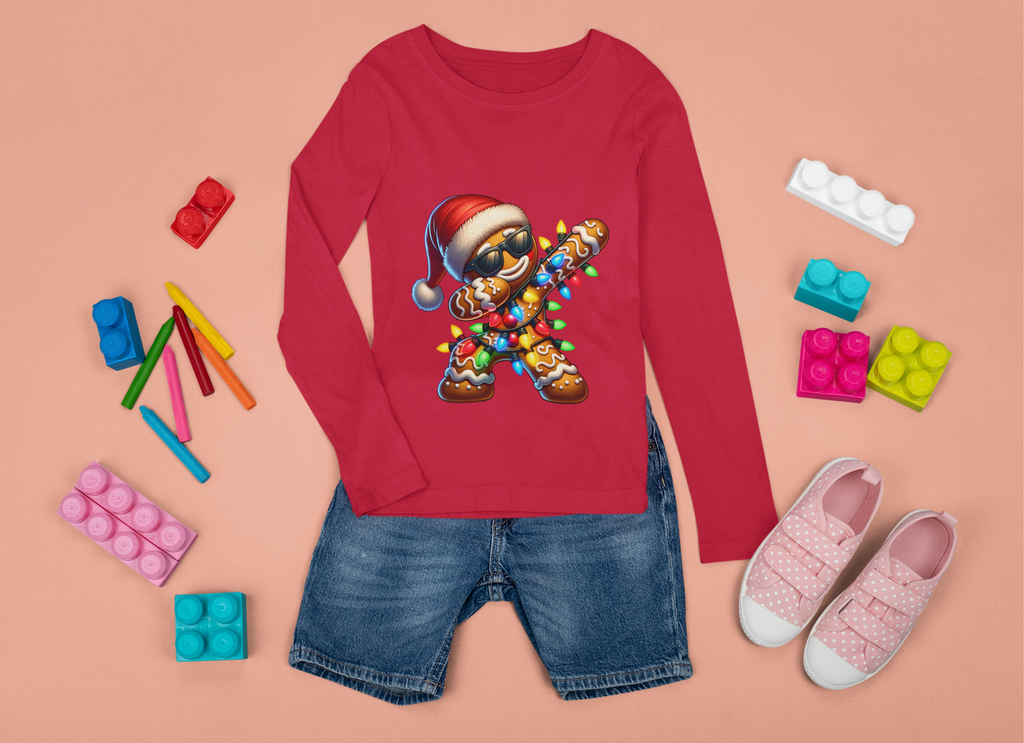 Dabbing Gingerbread Cookie Toddler Long Sleeve Tee | Christmas Santa Hat Lights