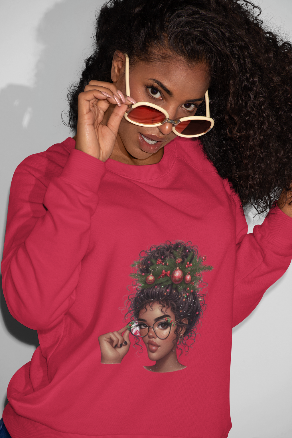 Christmas Curly Hair Girl Sweatshirt – Holiday Afro Puff Graphic Crewneck