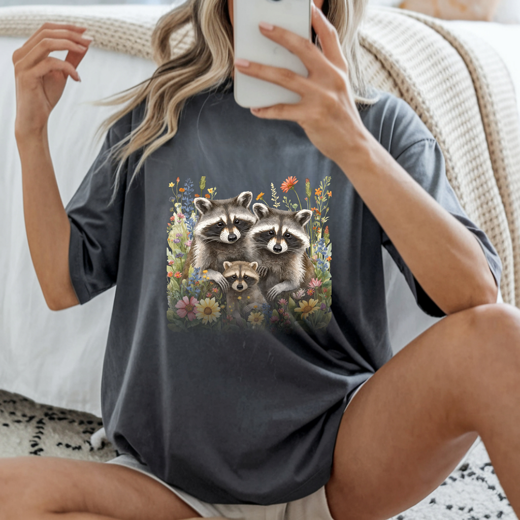 Raccoon Family in Wildflower Meadow T-shirt | Cute Woodland Animal Tee