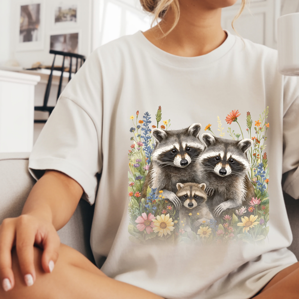 Raccoon Family in Wildflower Meadow T-shirt | Cute Woodland Animal Tee