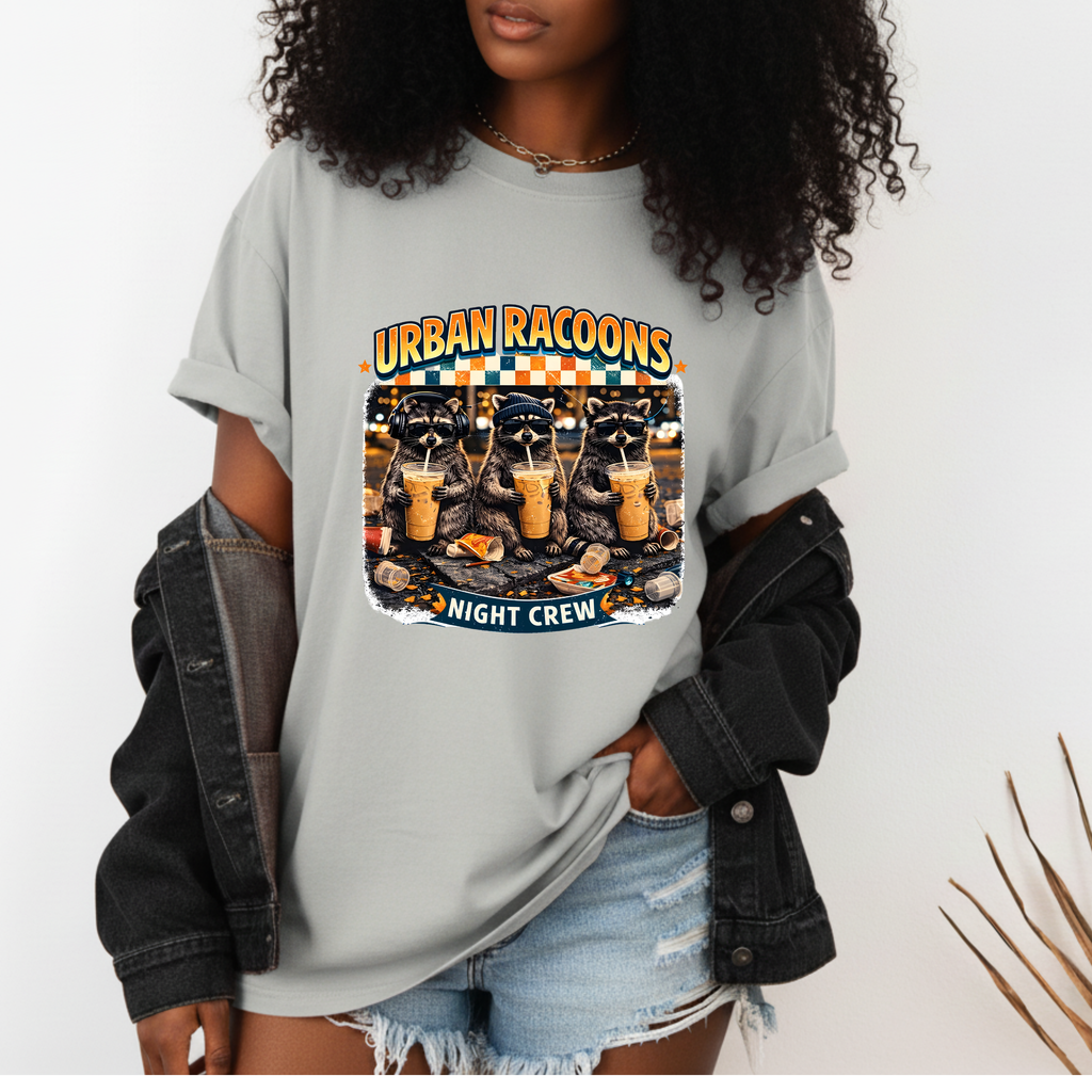 Urban Racoons Night Crew T-Shirt | Raccoon Coffee Cartoons