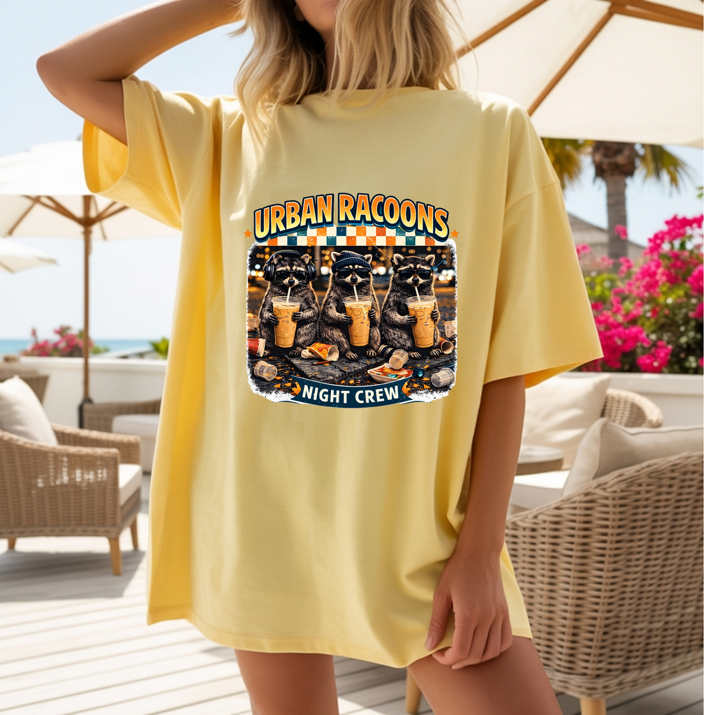 Urban Racoons Night Crew T-Shirt | Raccoon Coffee Cartoons