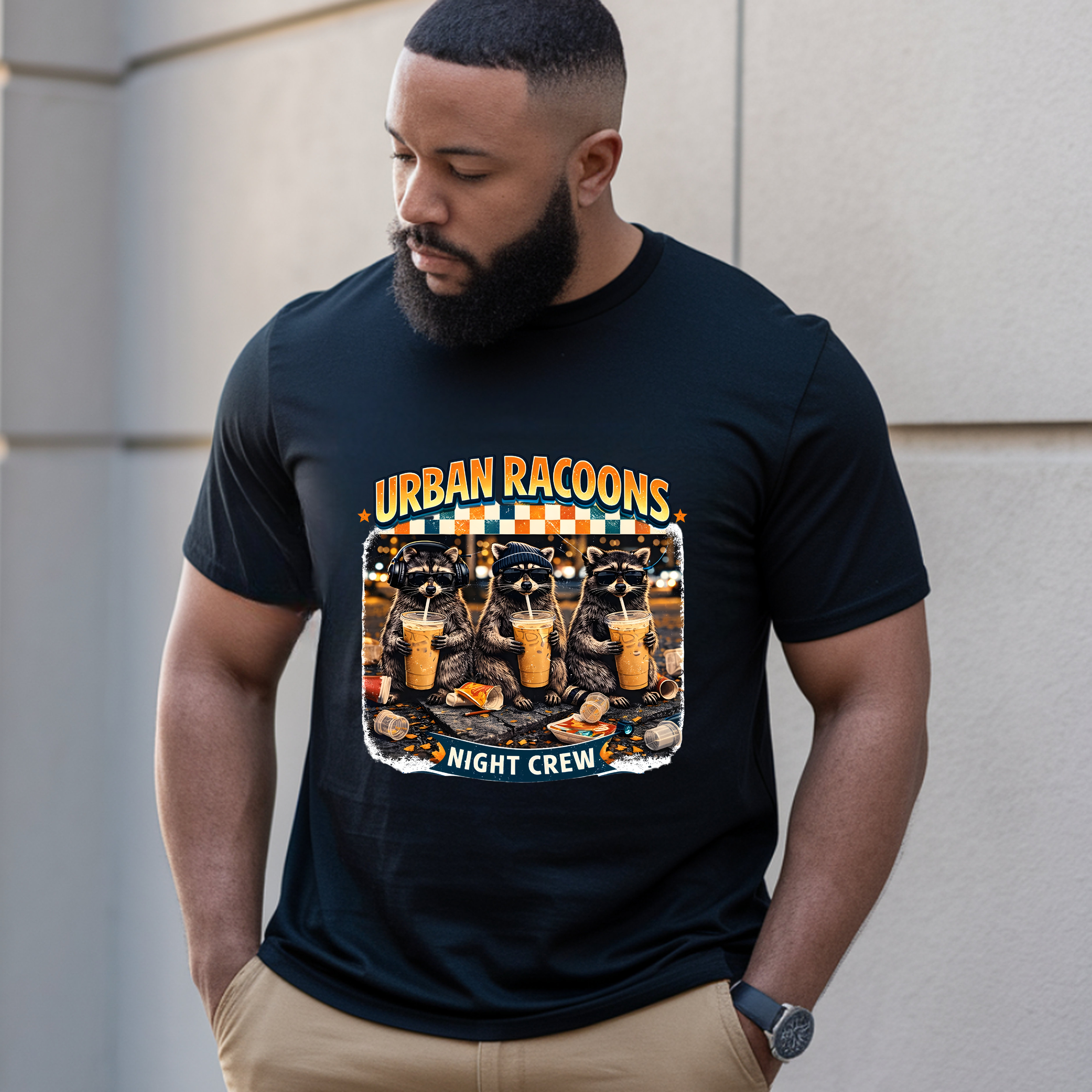 Urban Racoons Night Crew T-Shirt | Raccoon Coffee Cartoons