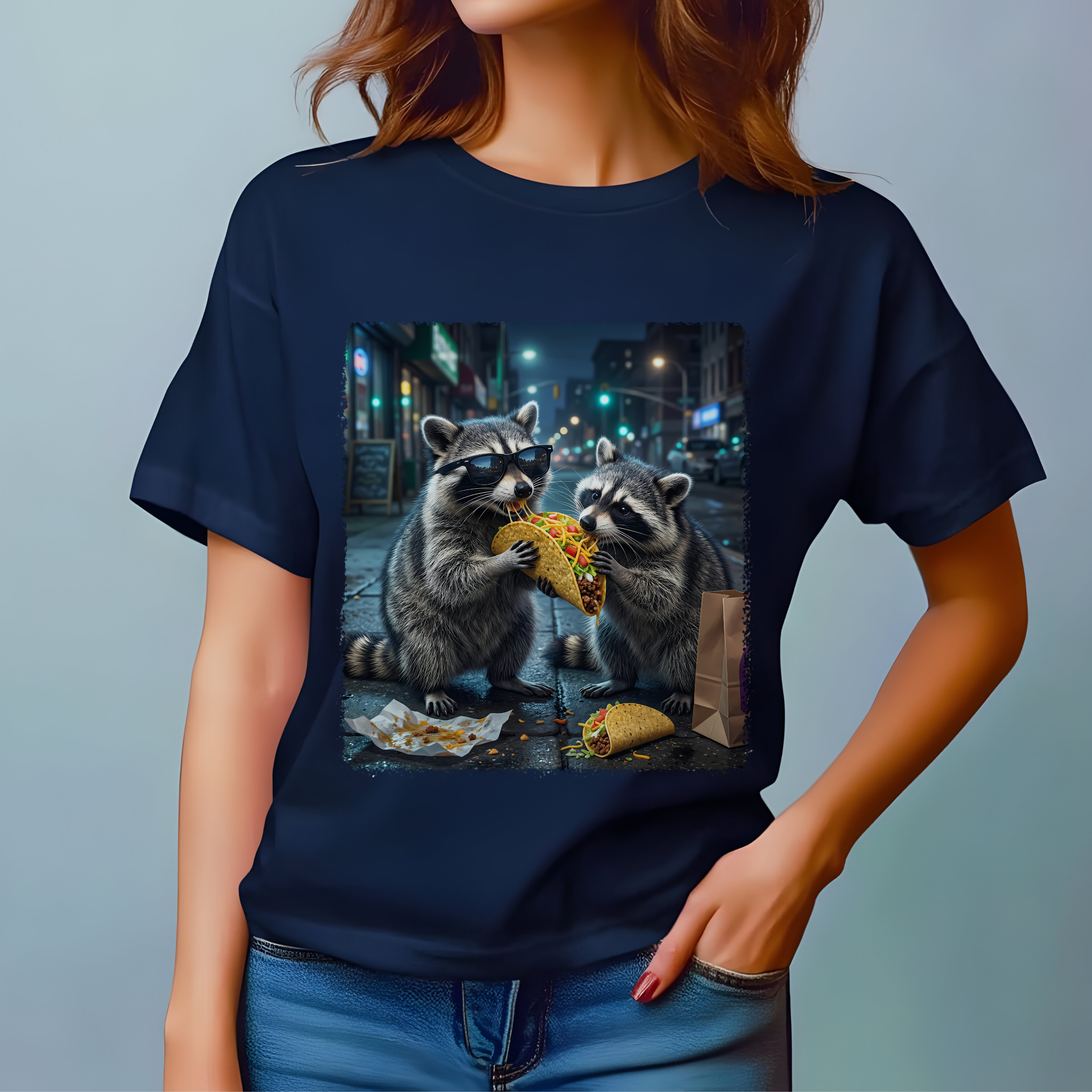 Raccoons Sharing Pizza T-Shirt | Night City Street Illustration, Cute Animal Tee