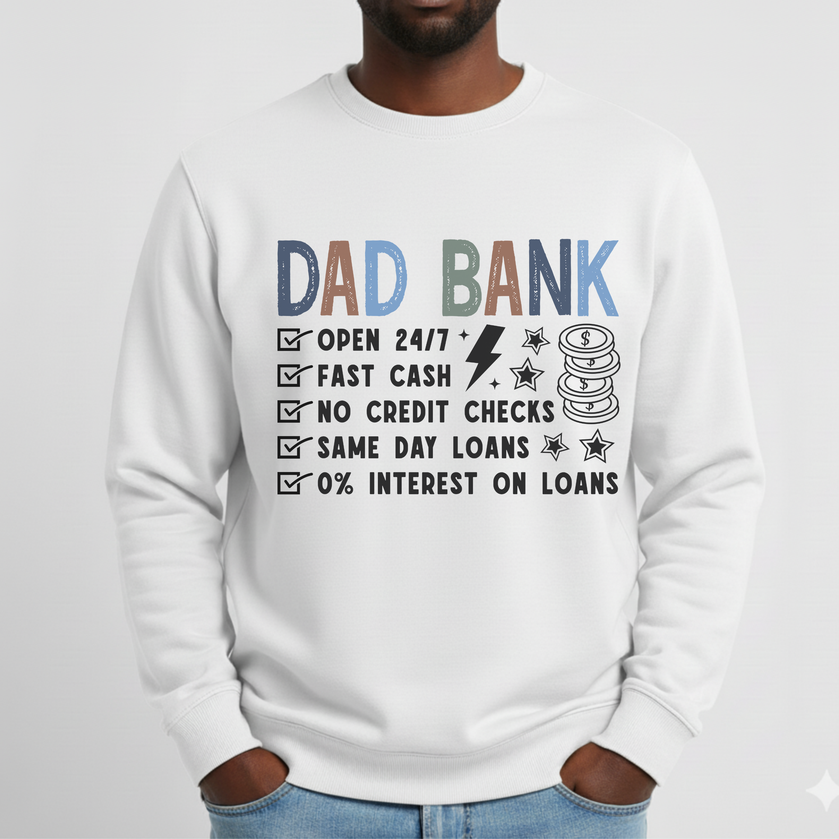 Dad Bank Crewneck Sweatshirt — Funny Father’s Day Gift with 'Dad Bank' Checklist Design