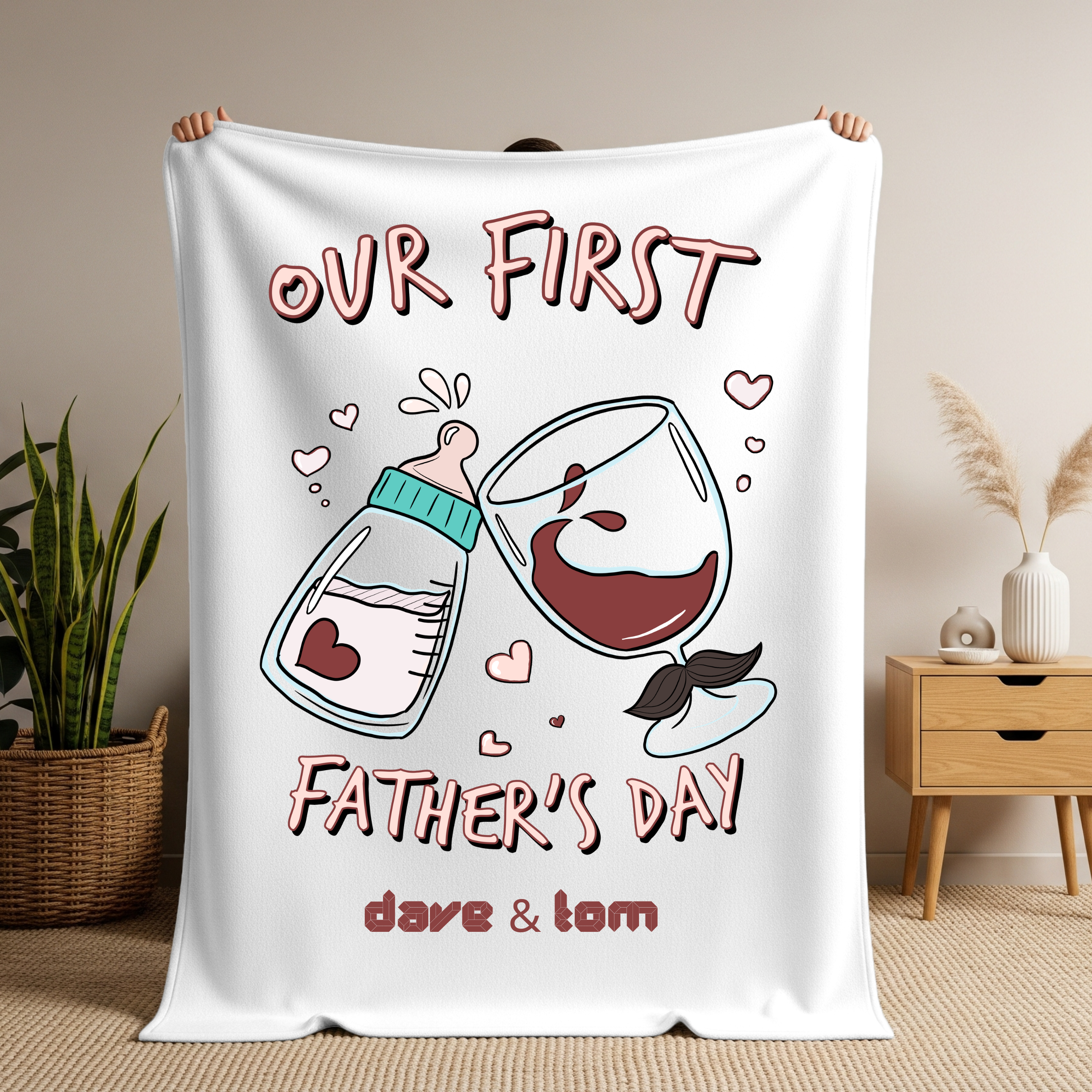 Our First Father’s Day Velveteen Blanket — Personalized Baby Bottle & Wine Glass Design