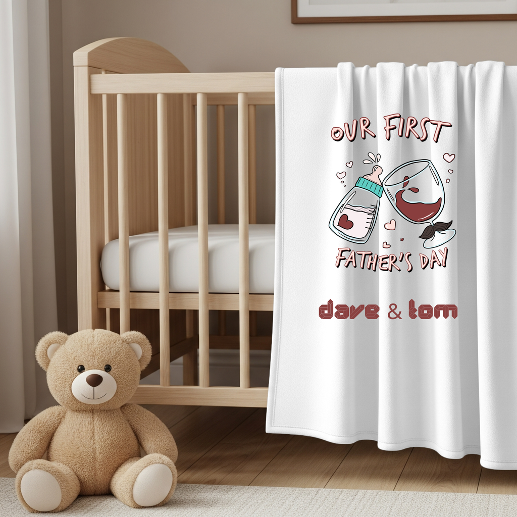 Our First Father’s Day Velveteen Blanket — Personalized Baby Bottle & Wine Glass Design