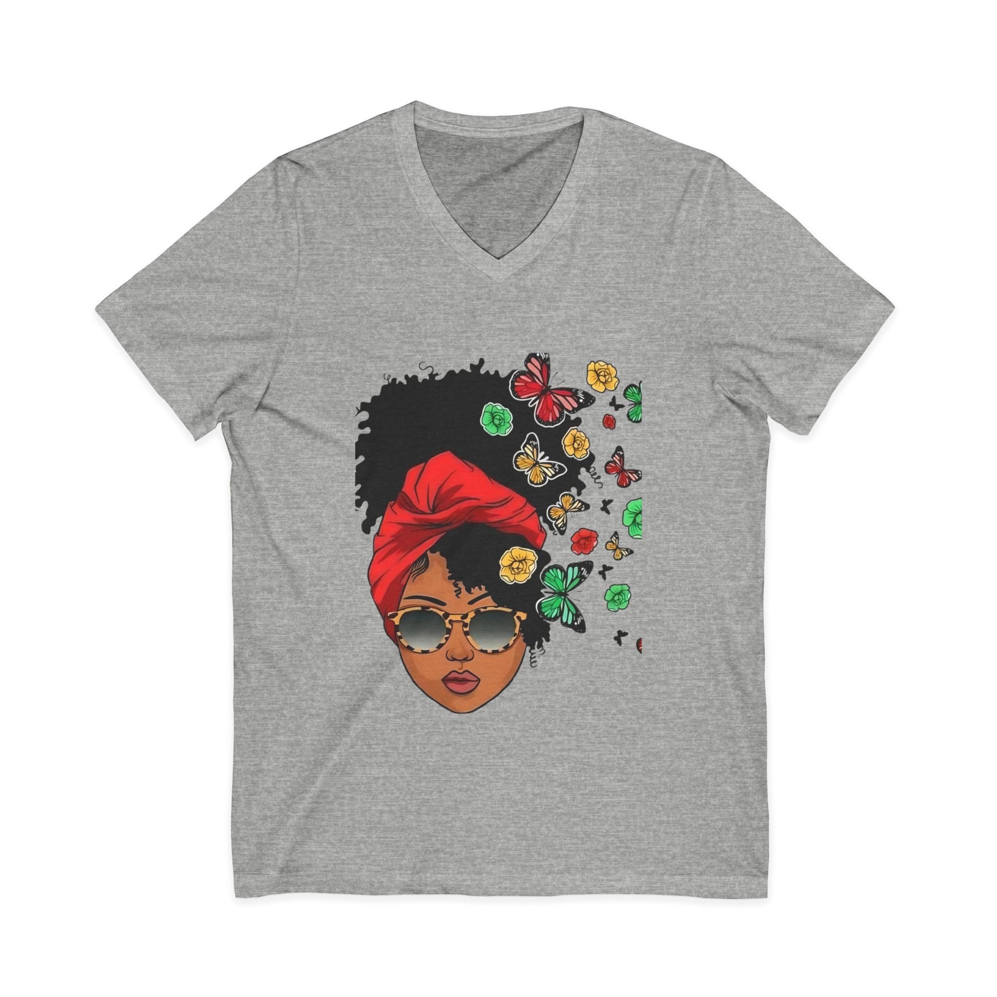 Afro Chic Floral V-Neck Tee – Black Woman Graphic Shirt, Melanin Queen Afrocentric Top, Boho Floral T-Shirt, Empowerment Gift for Her
