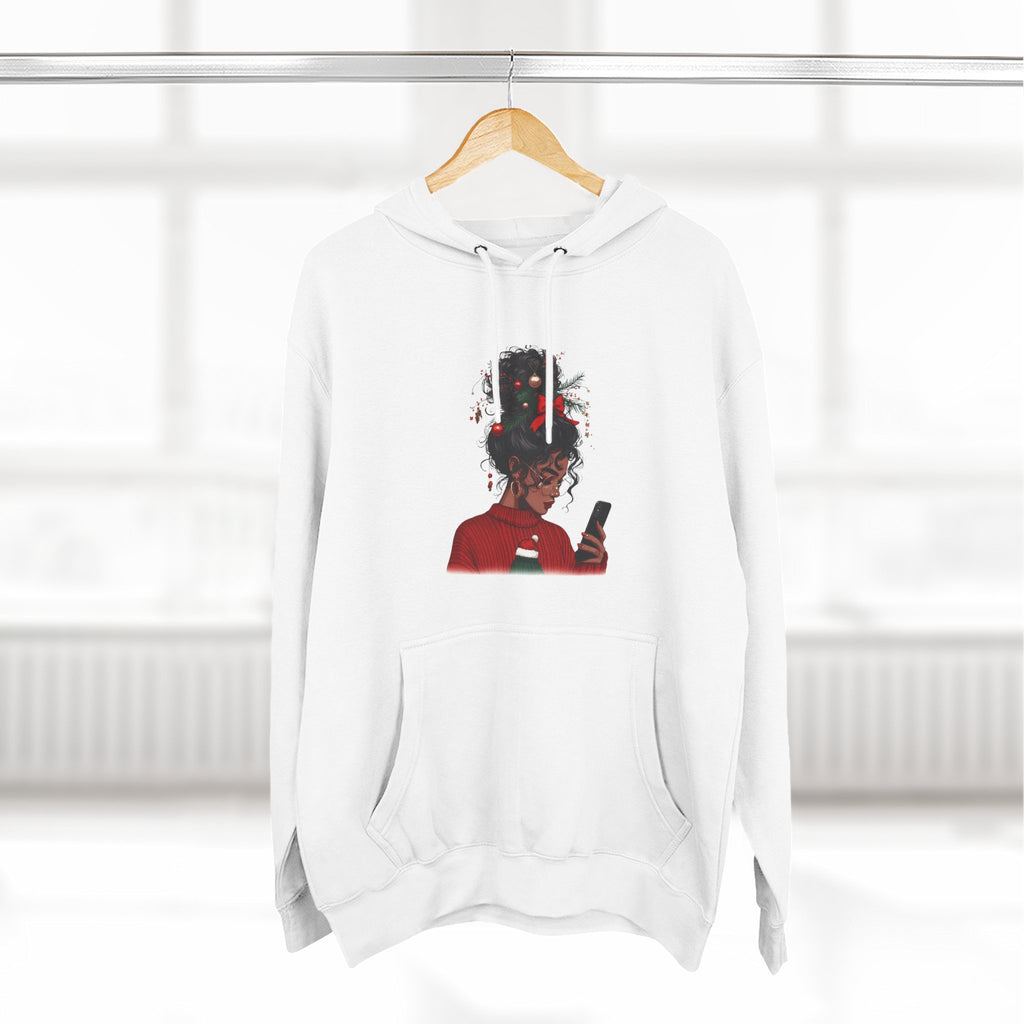 Afro Tech Girl Graphic Hoodie — Phone-Scrolling Illustration Fleece Hoodie