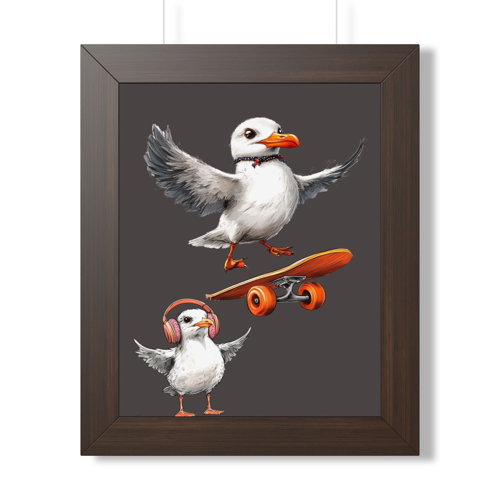 Skateboard Puffins Framed Poster — Coastal Skate Art for Walls