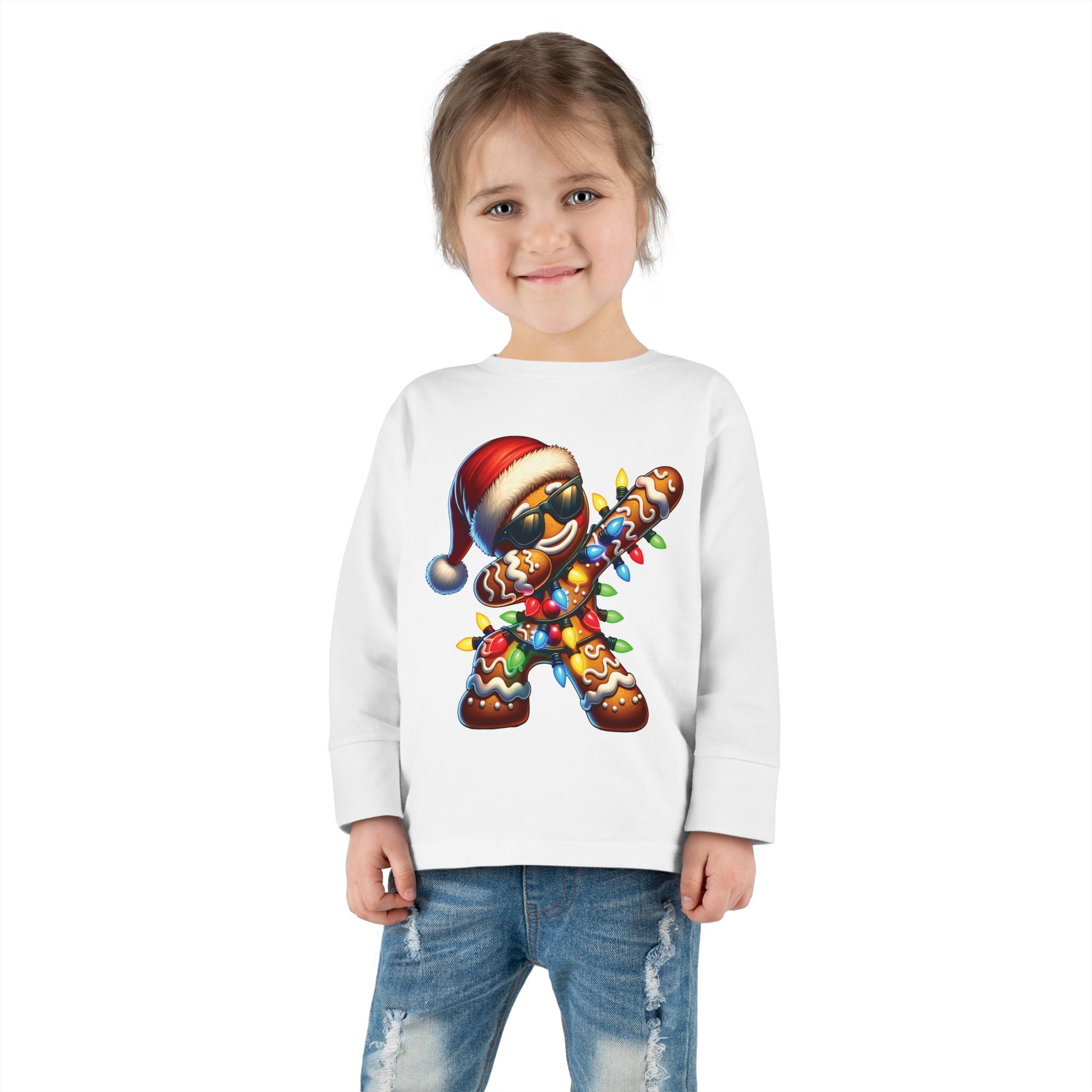 Dabbing Gingerbread Cookie Toddler Long Sleeve Tee | Christmas Santa Hat Lights