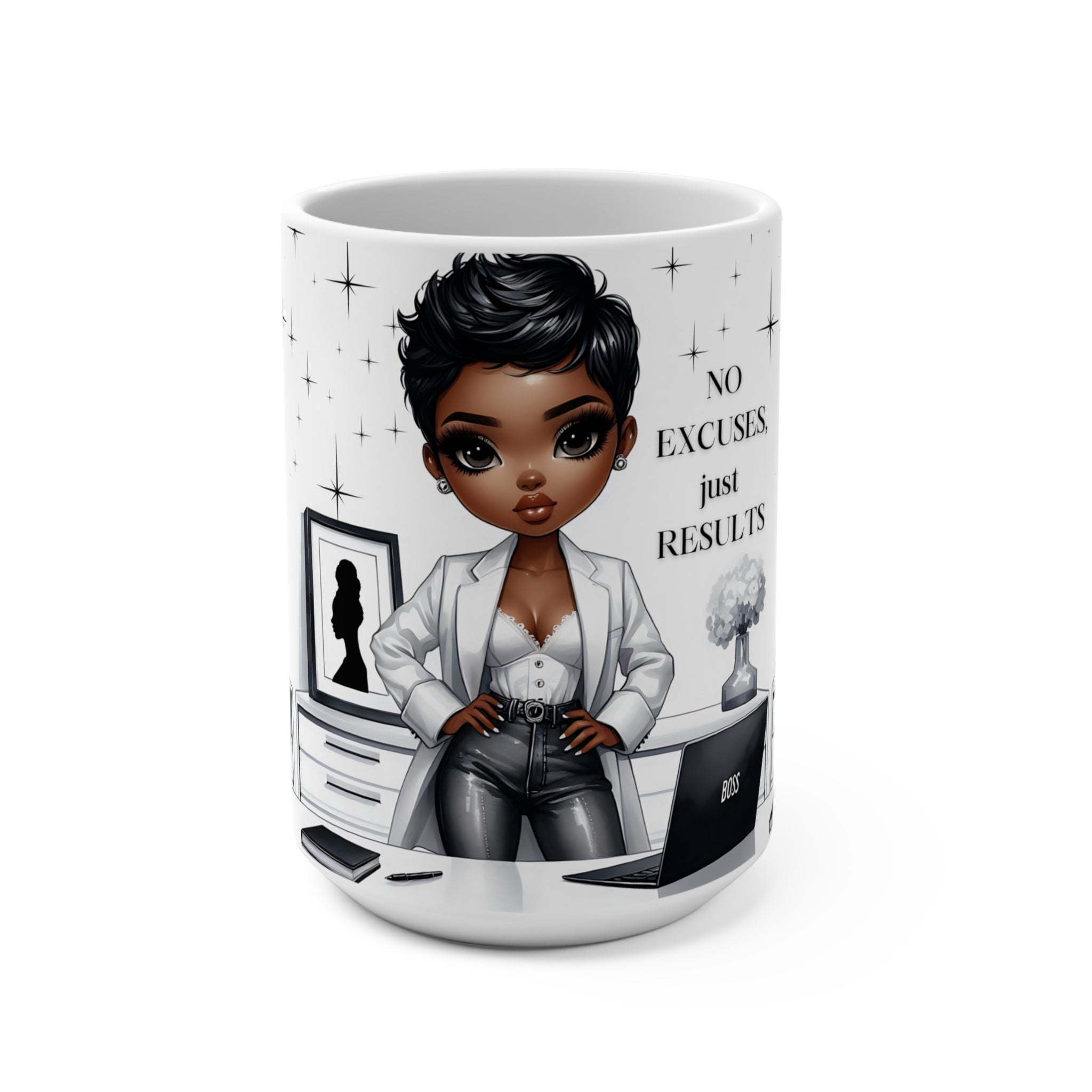 15oz Mug — 'No Excuses Just Results' Boss Lady Coffee Mug (Black Woman Entrepreneur)