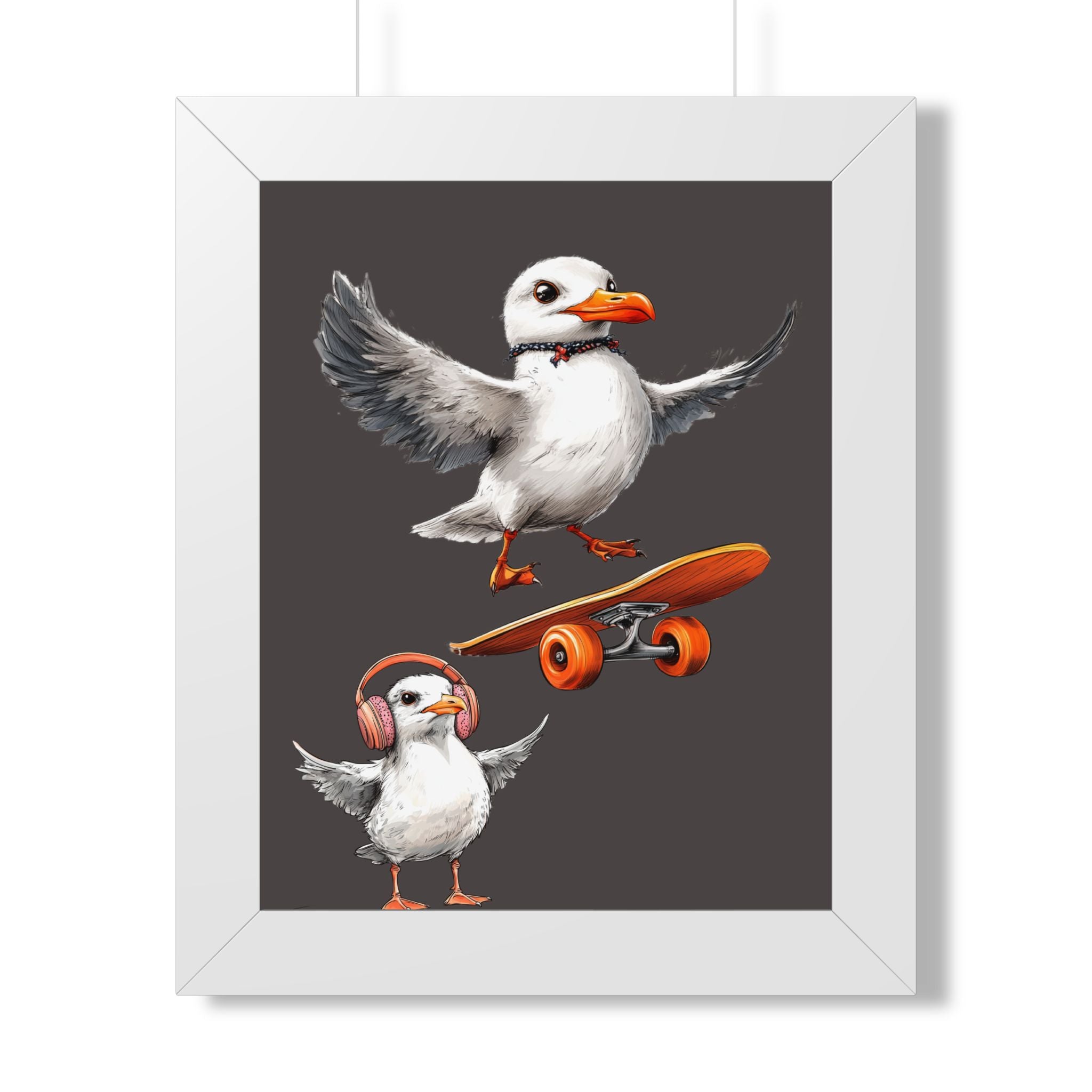 Skateboard Puffins Framed Poster — Coastal Skate Art for Walls