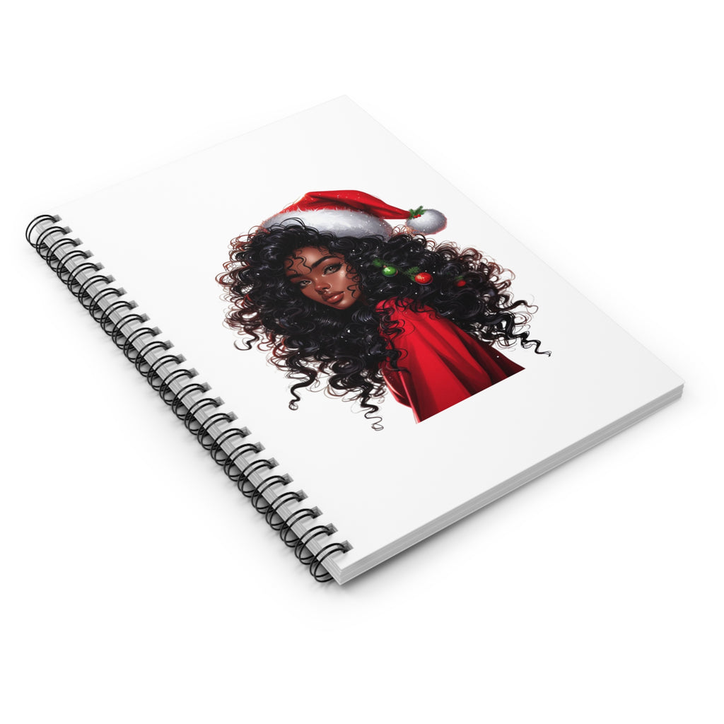Holiday Curly Hair Notebook — Black Woman in Santa Hat Spiral Journal (Ruled)