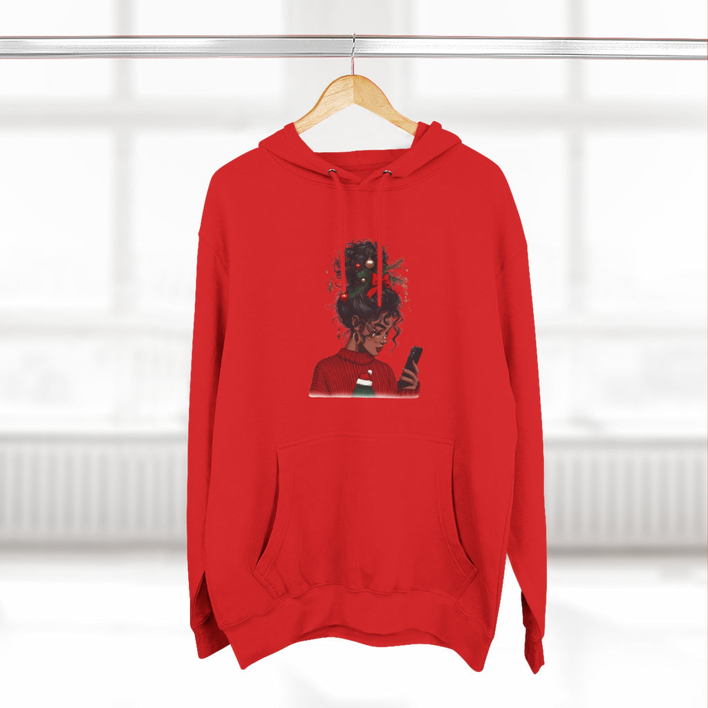 Afro Tech Girl Graphic Hoodie — Phone-Scrolling Illustration Fleece Hoodie