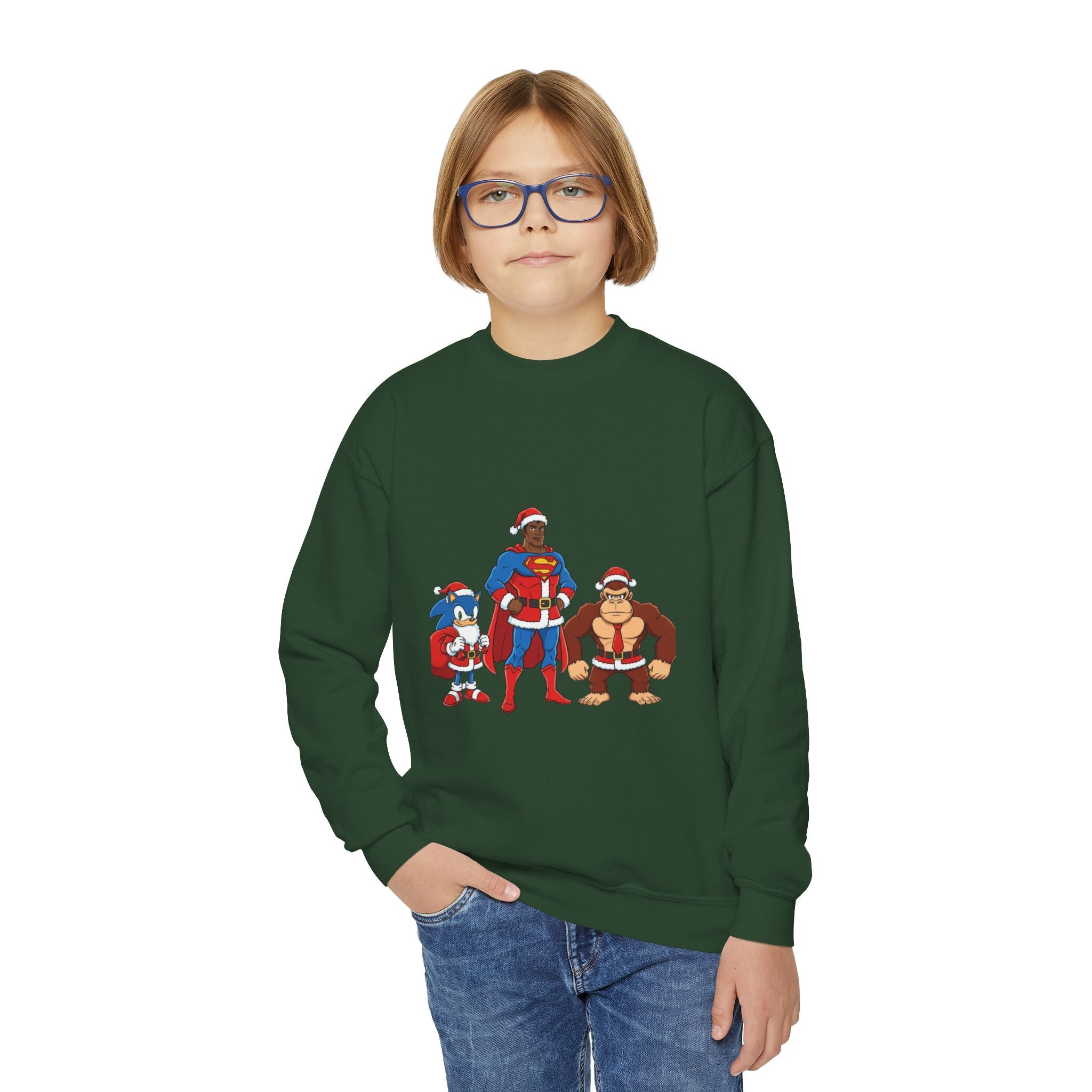 Kids Superhero Crewneck Sweatshirt — Retro Cartoon Trio Design
