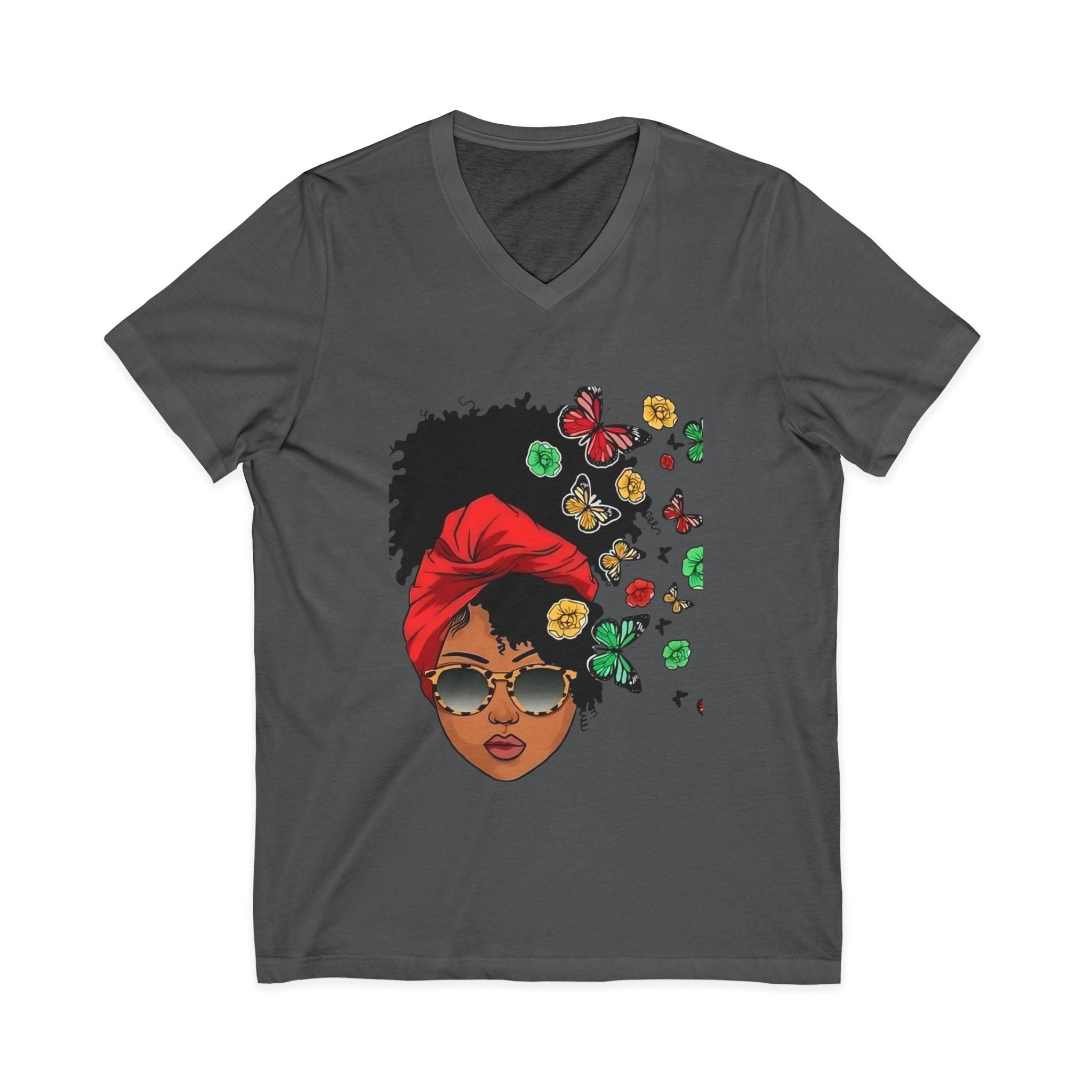 Afro Chic Floral V-Neck Tee – Black Woman Graphic Shirt, Melanin Queen Afrocentric Top, Boho Floral T-Shirt, Empowerment Gift for Her
