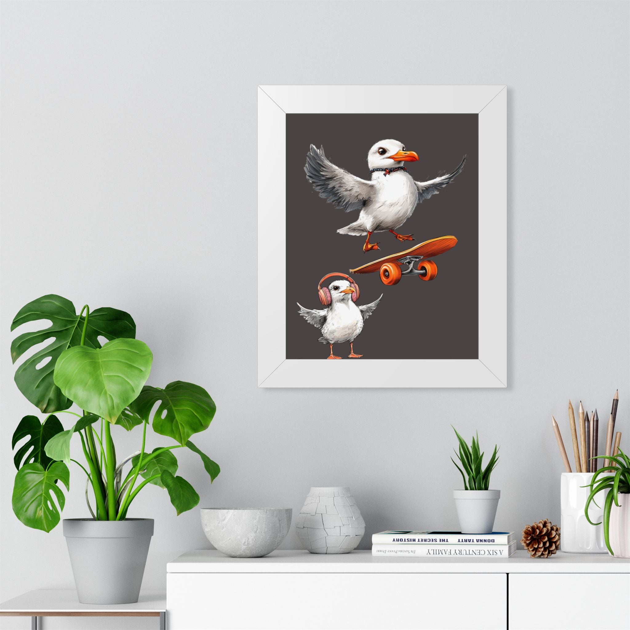 Skateboard Puffins Framed Poster — Coastal Skate Art for Walls