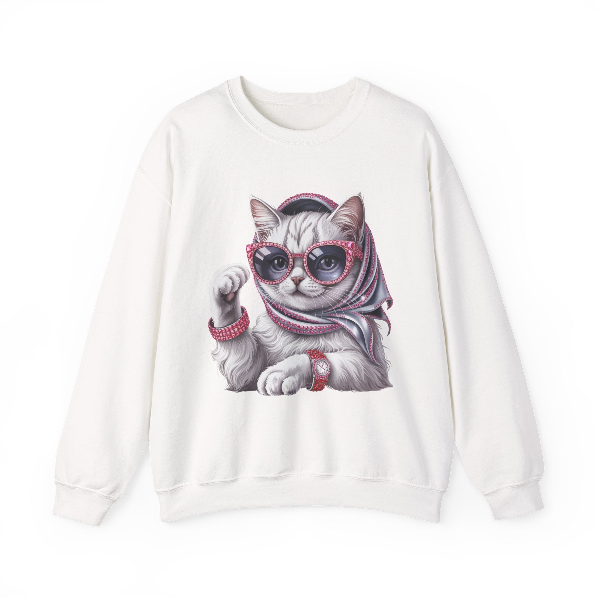 Retro Chic Cat Crewneck Sweatshirt — Stylish Sunglasses & Scarf Cat Graphic