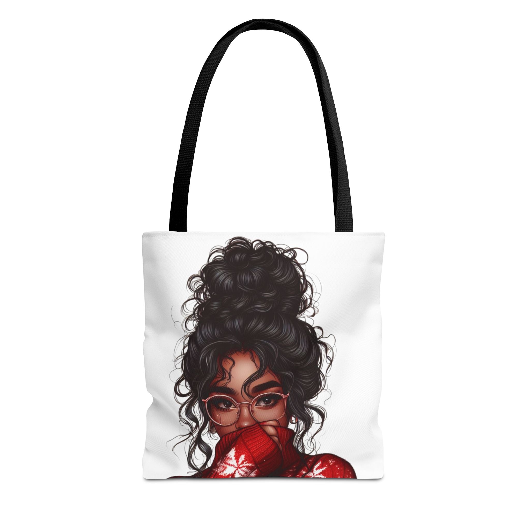 Curly Bun Girl Tote Bag — Artistic Illustrated Portrait All-Over Print Tote