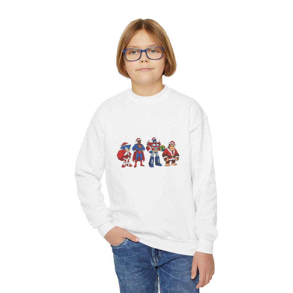 Youth Crewneck Sweatshirt — Cute Cartoon Santa & Friends Holiday Graphic