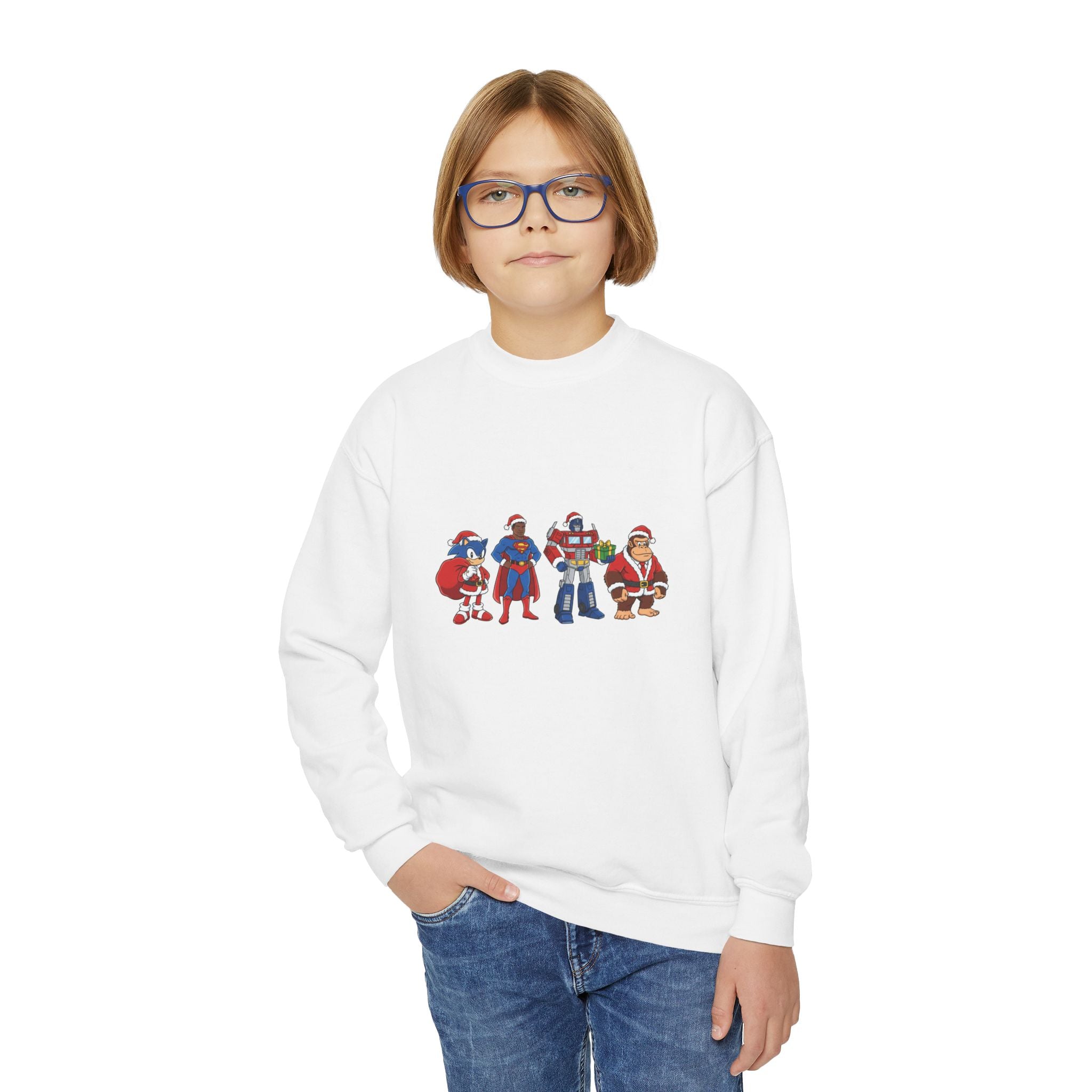 Youth Crewneck Sweatshirt — Cute Cartoon Santa & Friends Holiday Graphic