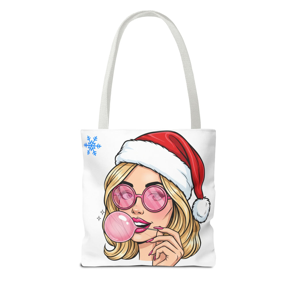 Christmas Babe Tote Bag — Retro Girl in Santa Hat with Bubblegum