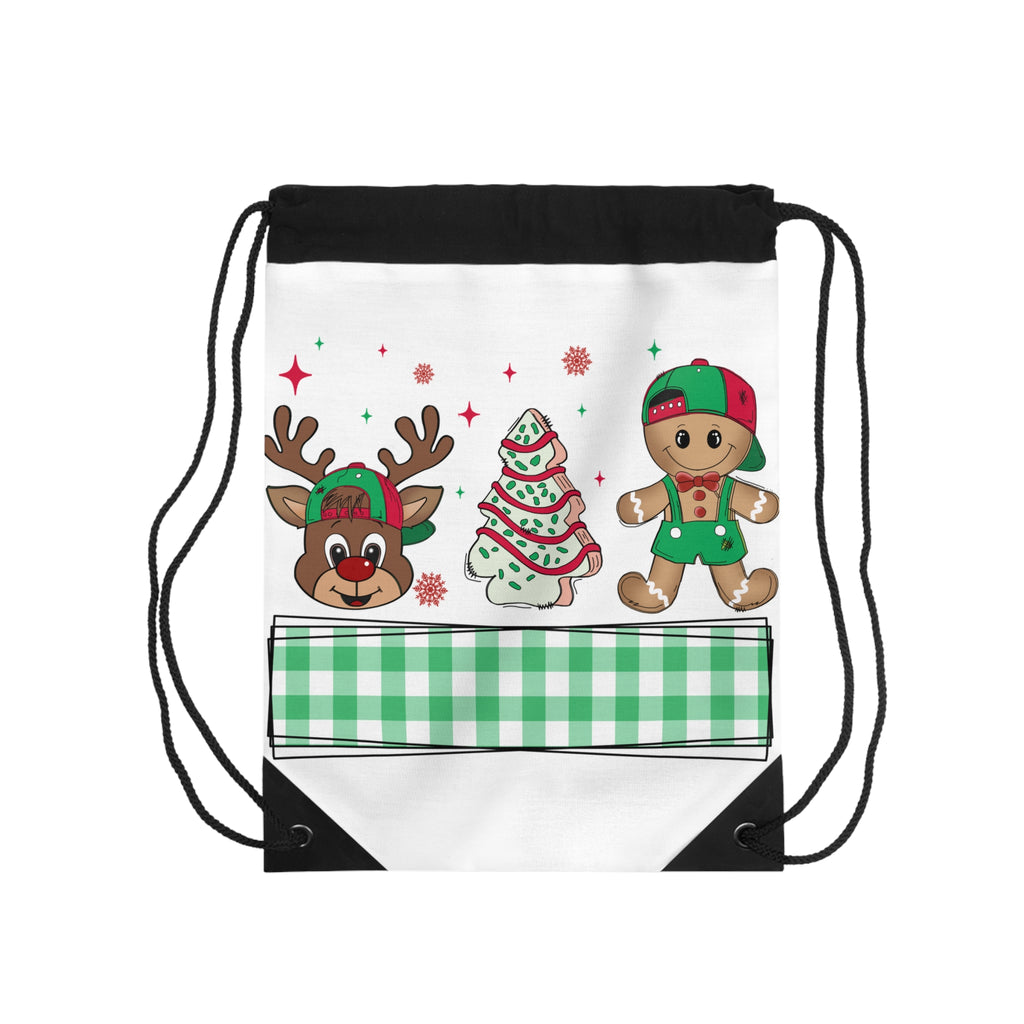 Christmas Reindeer & Gingerbread Drawstring Bag — Holiday Tree Pattern