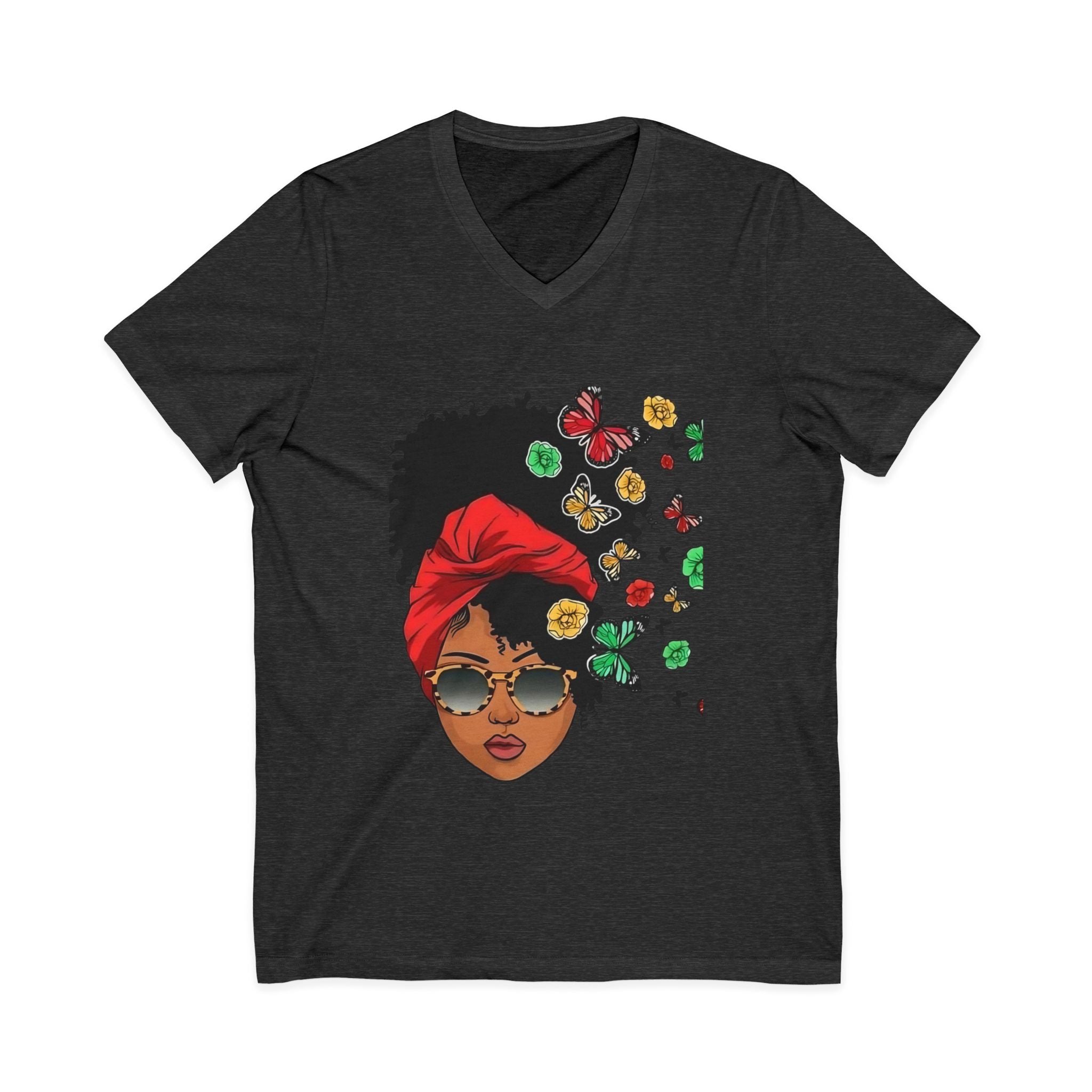 Afro Chic Floral V-Neck Tee – Black Woman Graphic Shirt, Melanin Queen Afrocentric Top, Boho Floral T-Shirt, Empowerment Gift for Her