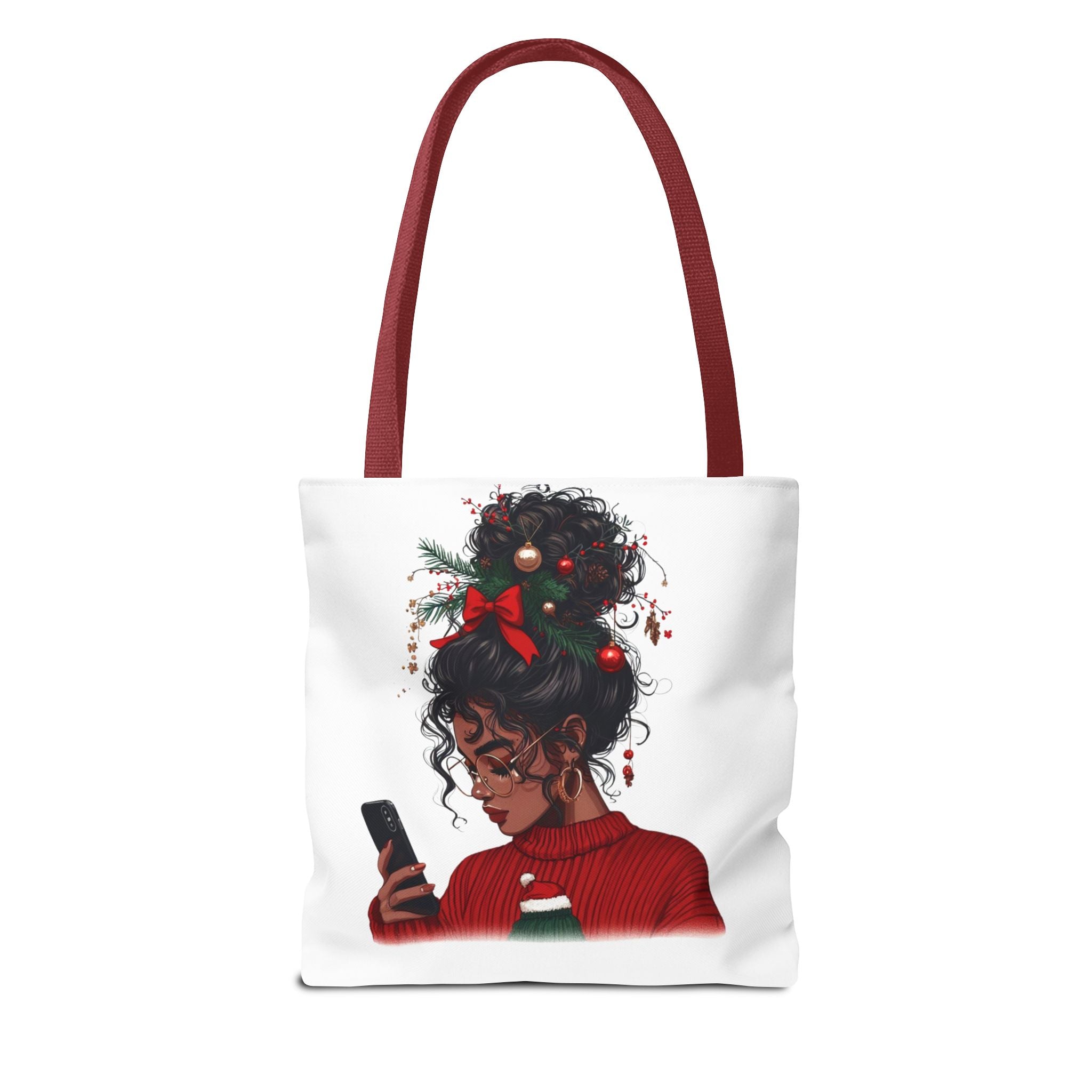 Christmas Hair Bun Tote Bag — Black Woman with Festive Ornaments & Red Sweater