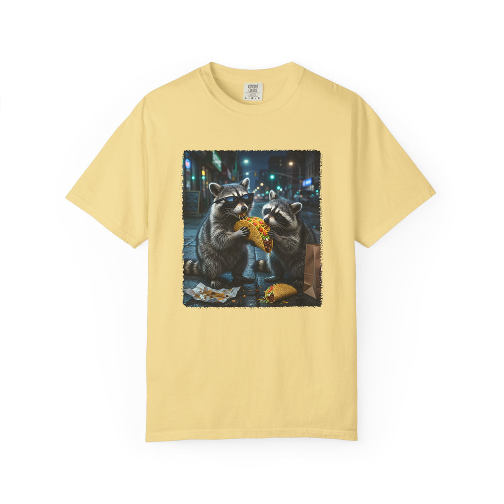 Raccoons Sharing Pizza T-Shirt | Night City Street Illustration, Cute Animal Tee