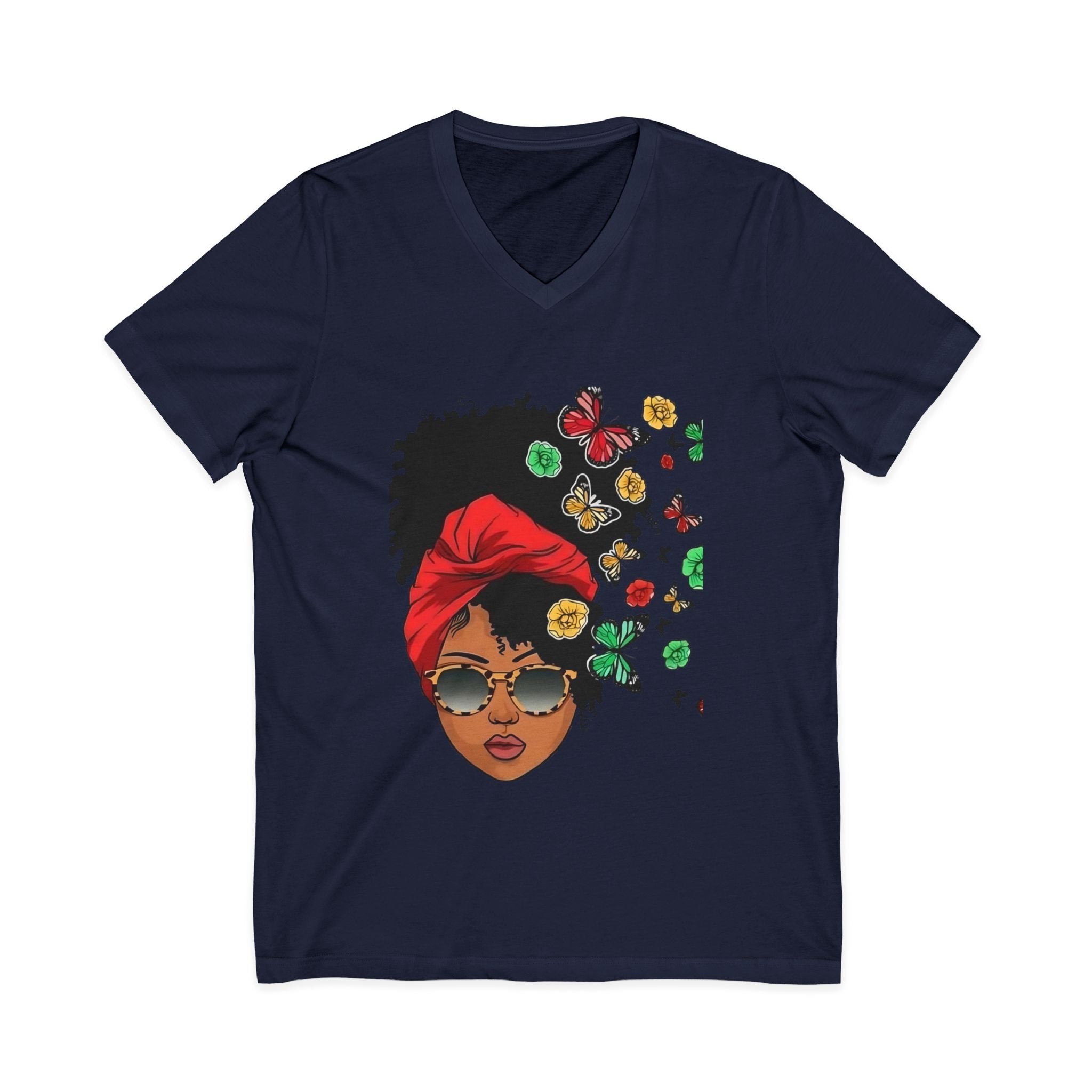 Afro Chic Floral V-Neck Tee – Black Woman Graphic Shirt, Melanin Queen Afrocentric Top, Boho Floral T-Shirt, Empowerment Gift for Her