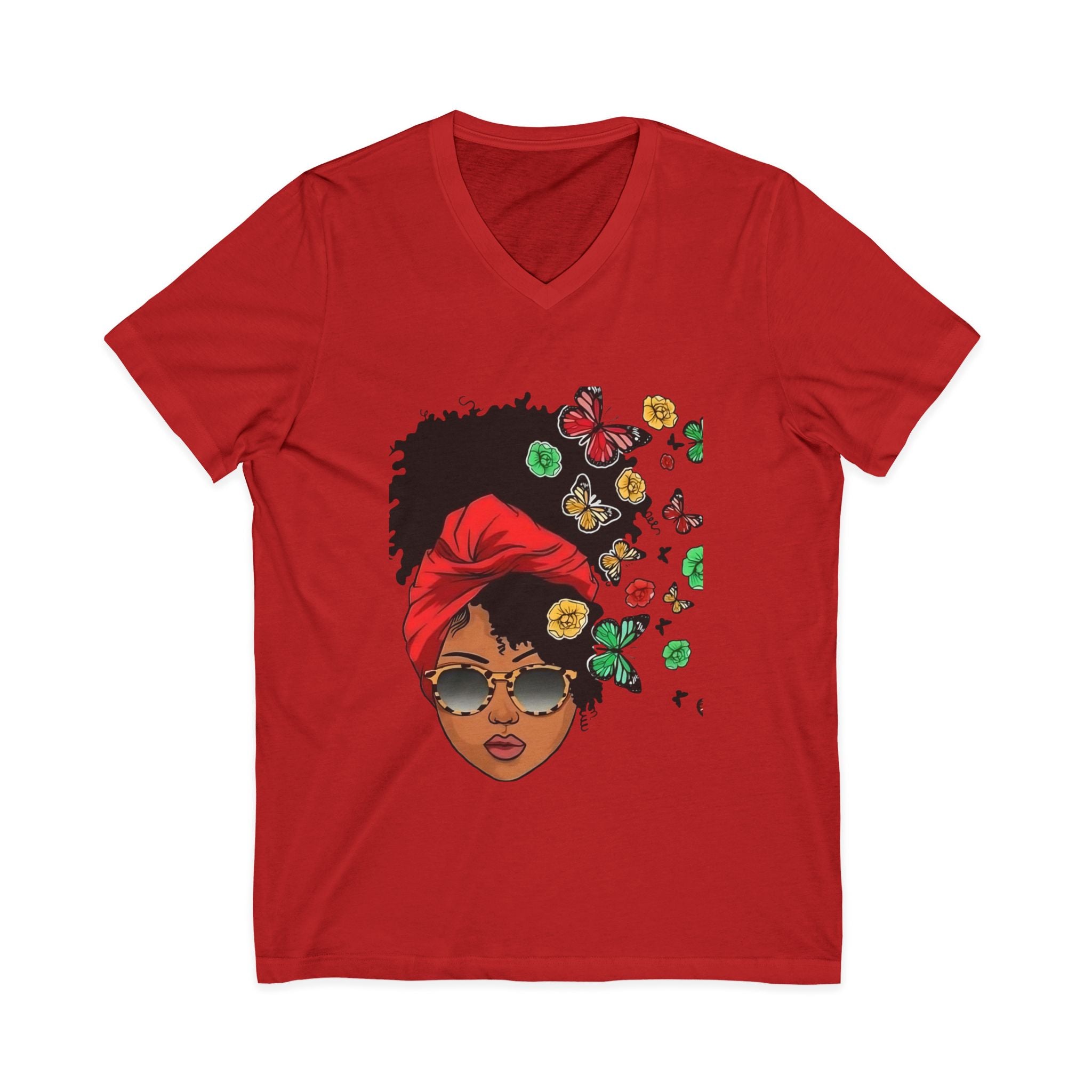 Afro Chic Floral V-Neck Tee – Black Woman Graphic Shirt, Melanin Queen Afrocentric Top, Boho Floral T-Shirt, Empowerment Gift for Her
