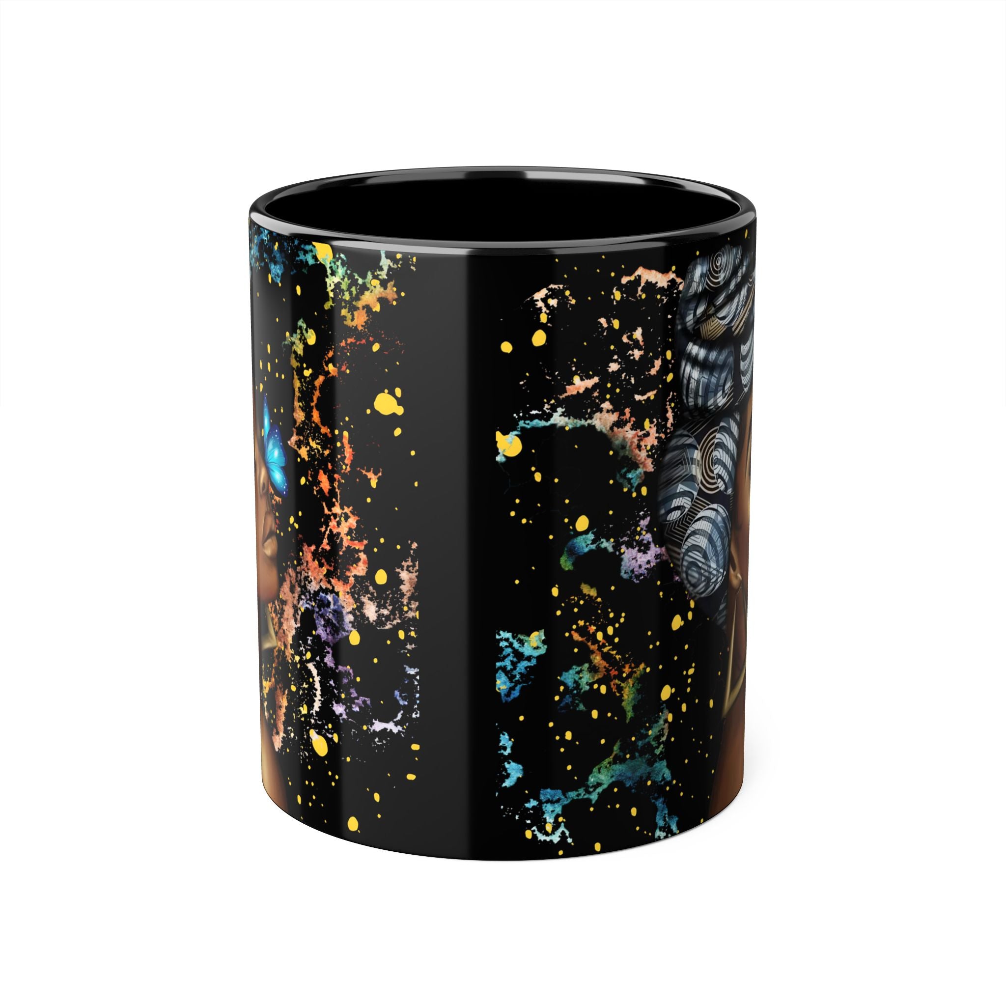 Black Butterfly Goddess Accent Mug — 11oz Ceramic Coffee Cup for Women