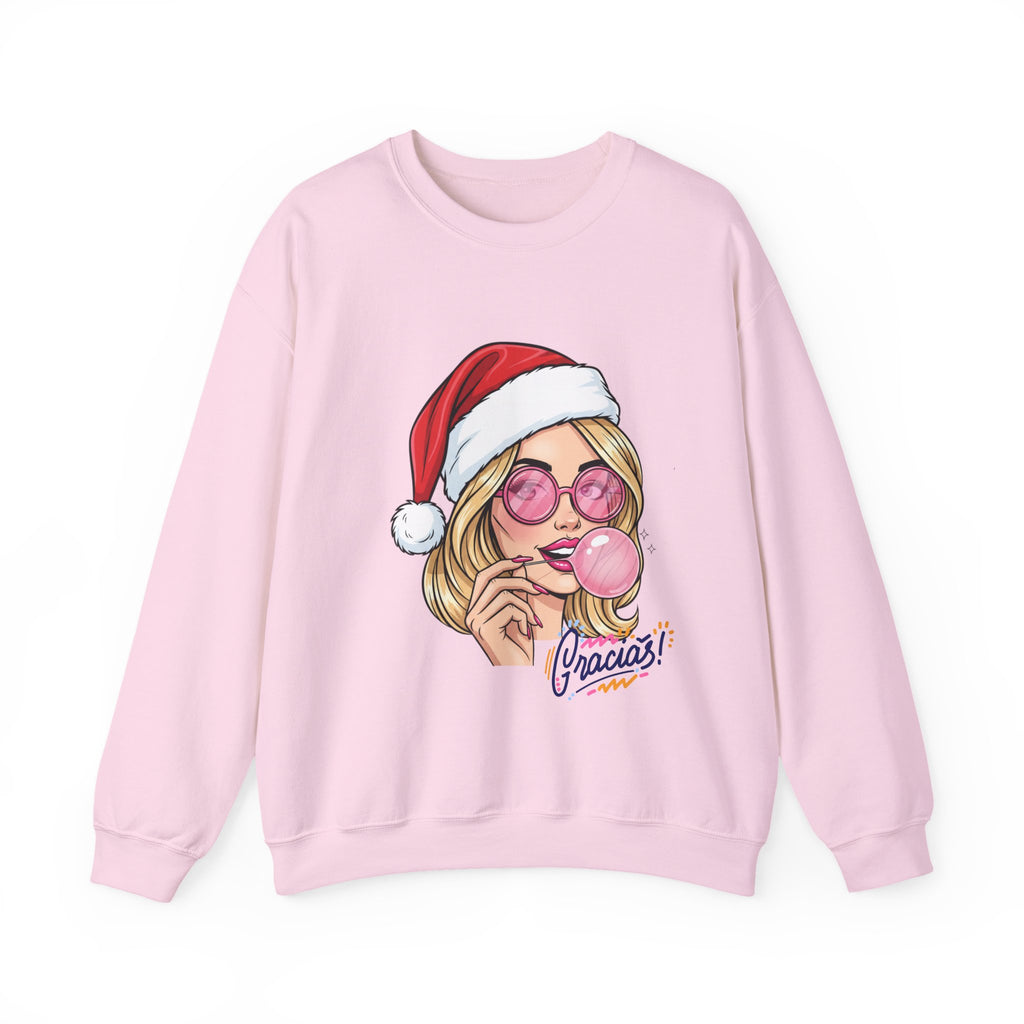Bubblegum Girl in Santa Hat Crewneck Sweatshirt | Christmas Pop Art