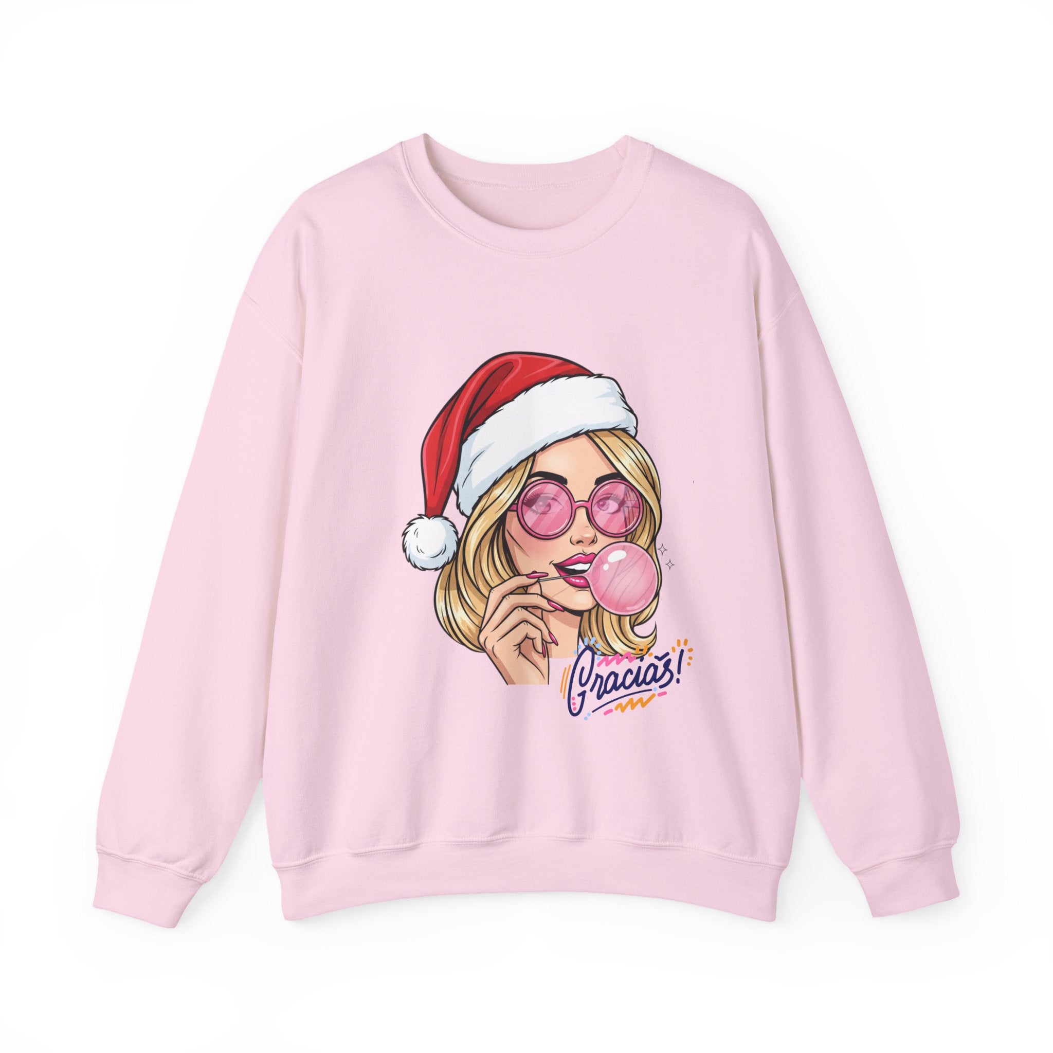 Bubblegum Girl in Santa Hat Crewneck Sweatshirt | Christmas Pop Art