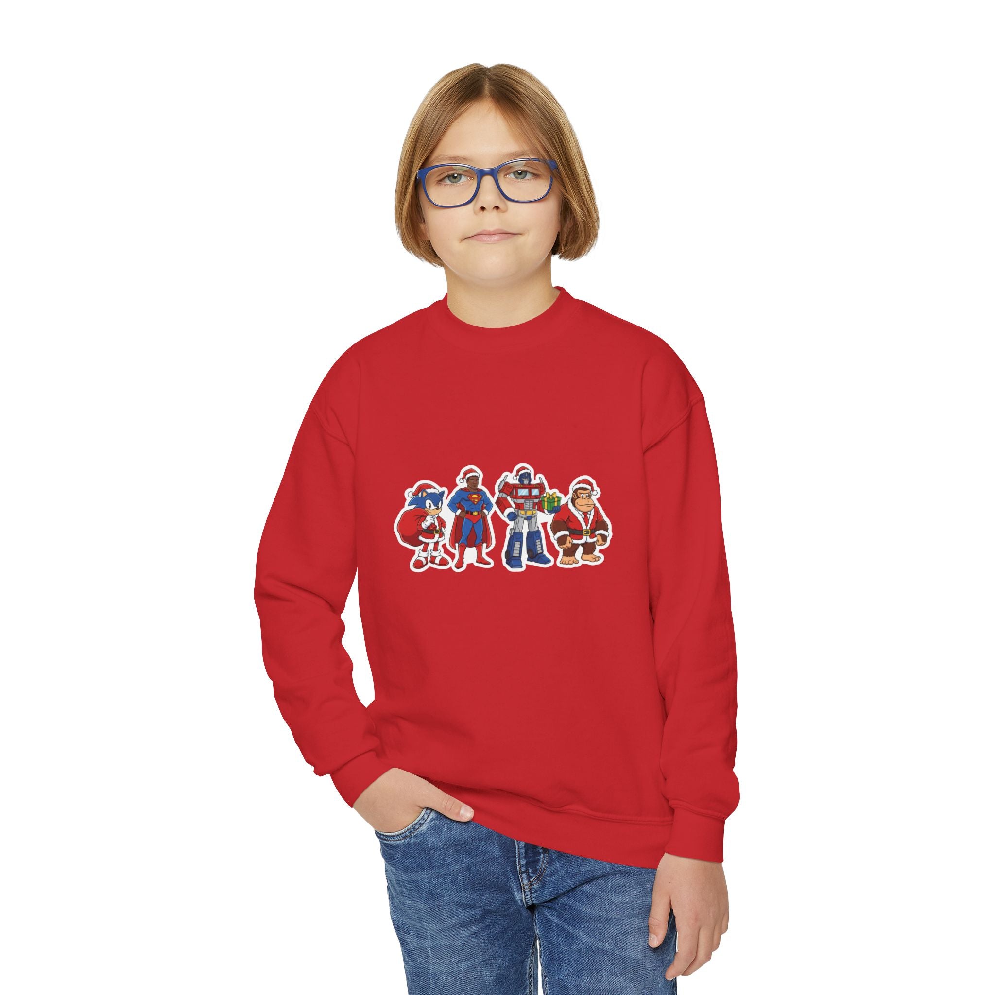Youth Crewneck Sweatshirt — Cute Cartoon Santa & Friends Holiday Graphic