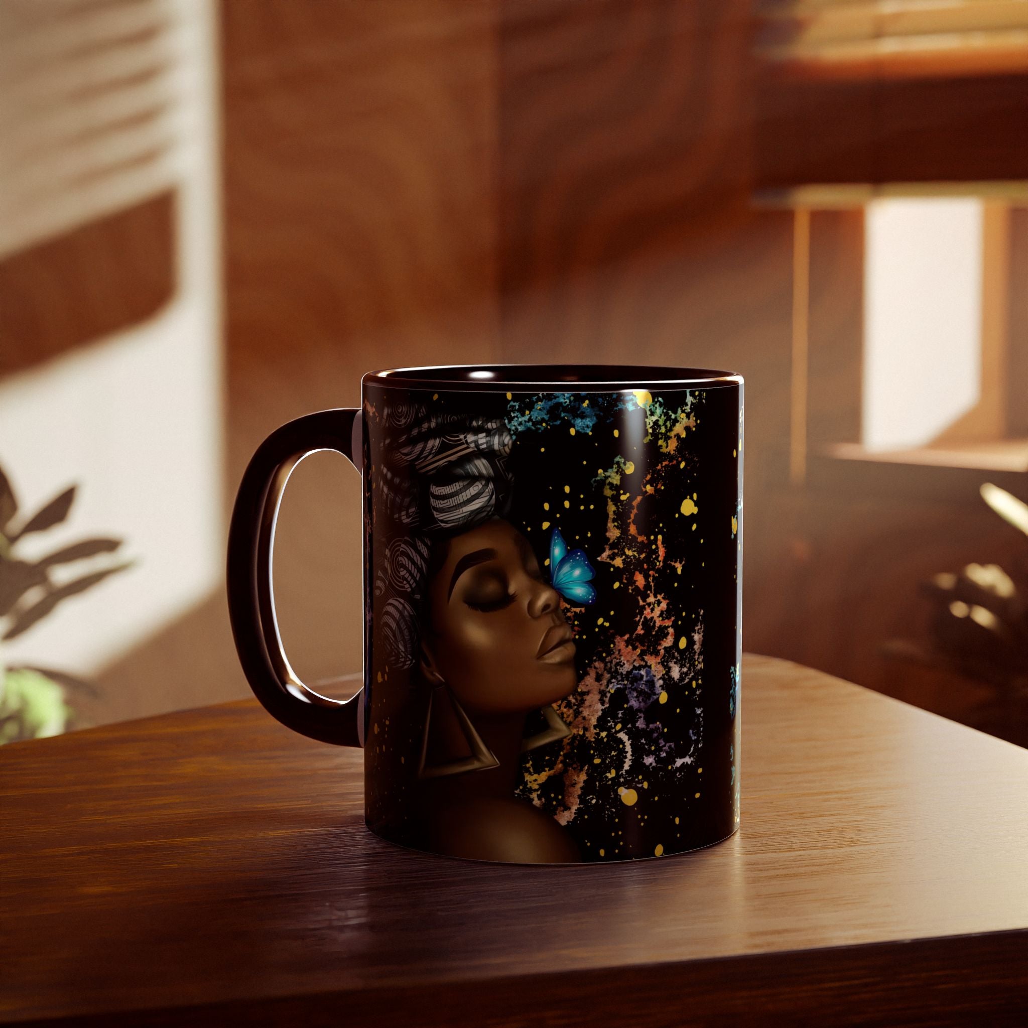 Black Butterfly Goddess Accent Mug — 11oz Ceramic Coffee Cup for Women