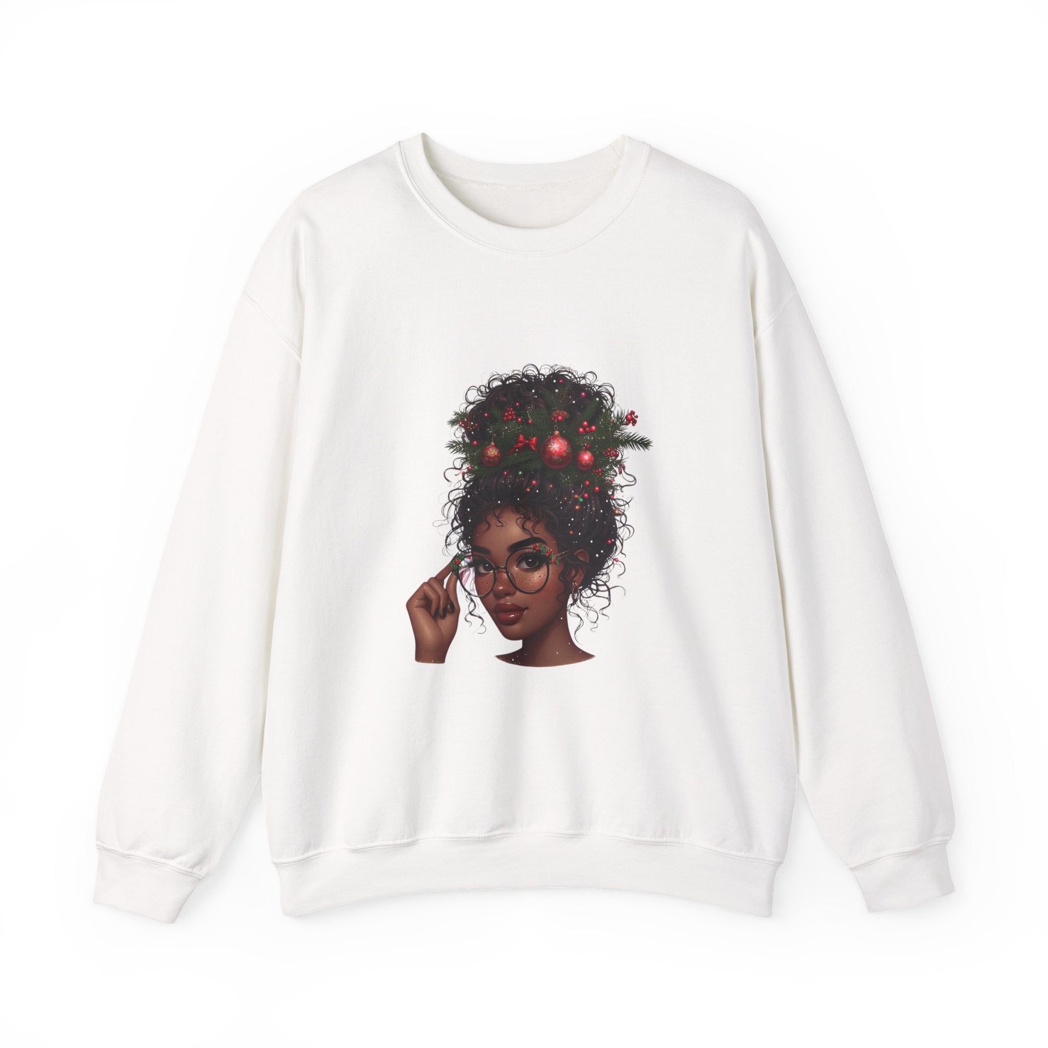 Christmas Curly Hair Girl Sweatshirt – Holiday Afro Puff Graphic Crewneck