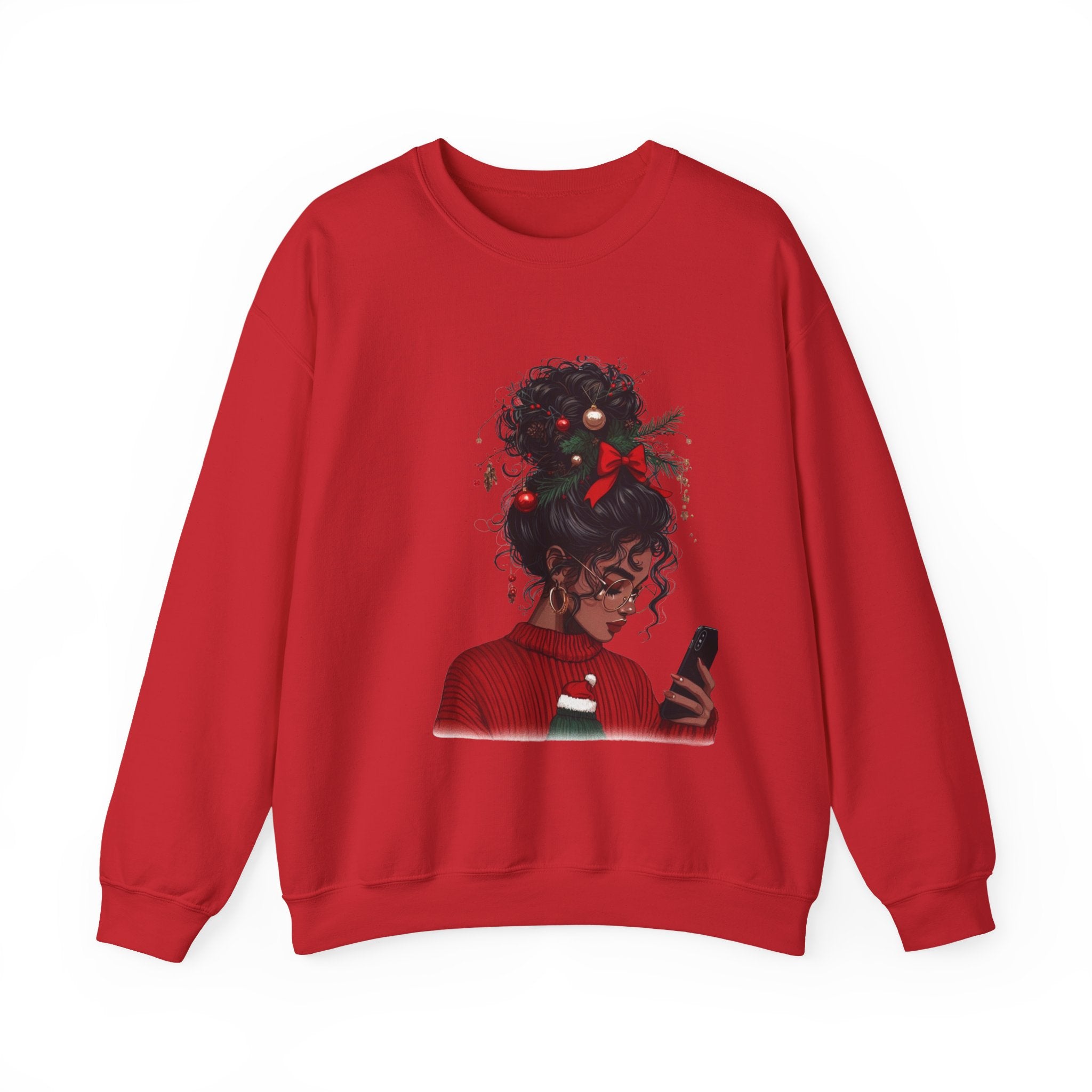Christmas Afro Puff Girl Sweatshirt — Cozy Holiday Phone Texting Graphic Crewneck