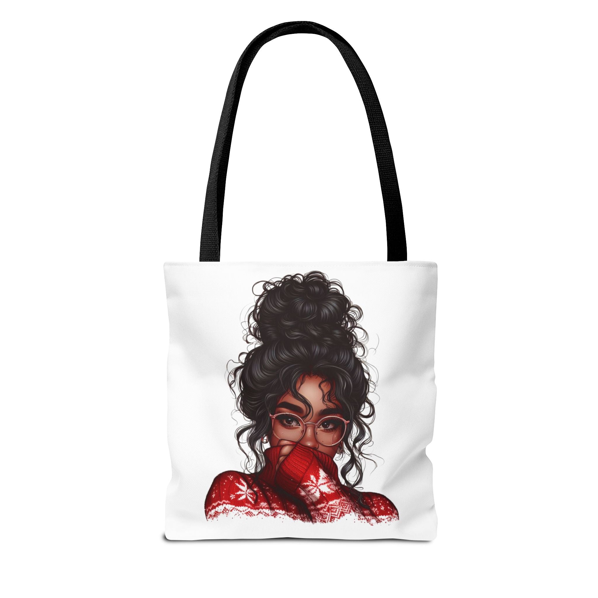 Curly Bun Girl Tote Bag — Artistic Illustrated Portrait All-Over Print Tote