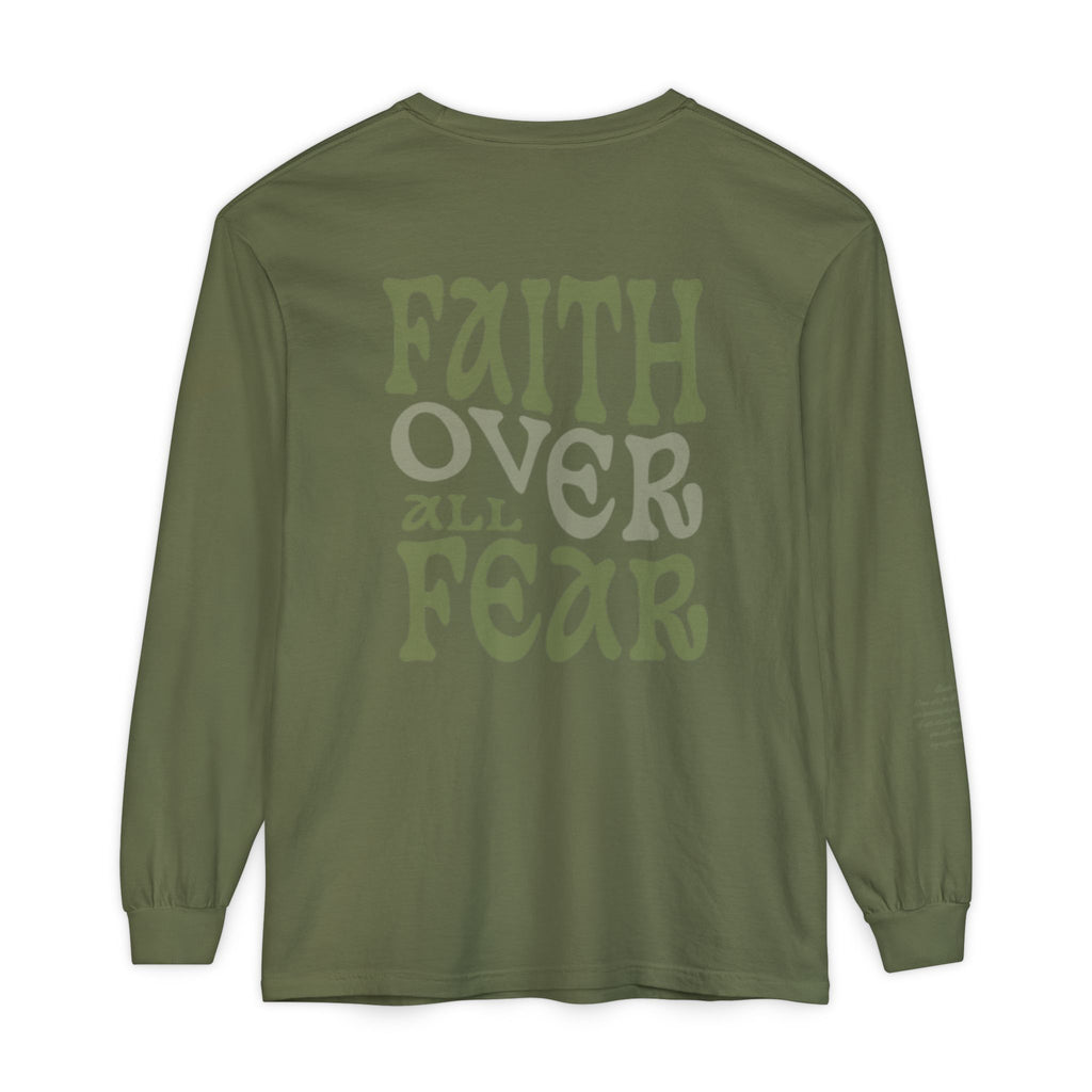 Faith Over All Fear Long Sleeve Tee — Inspirational Christian Graphic Shirt