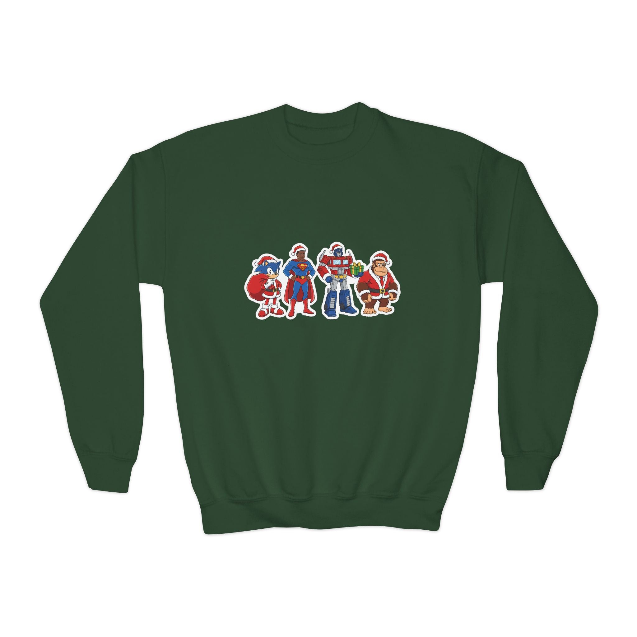 Youth Crewneck Sweatshirt — Cute Cartoon Santa & Friends Holiday Graphic