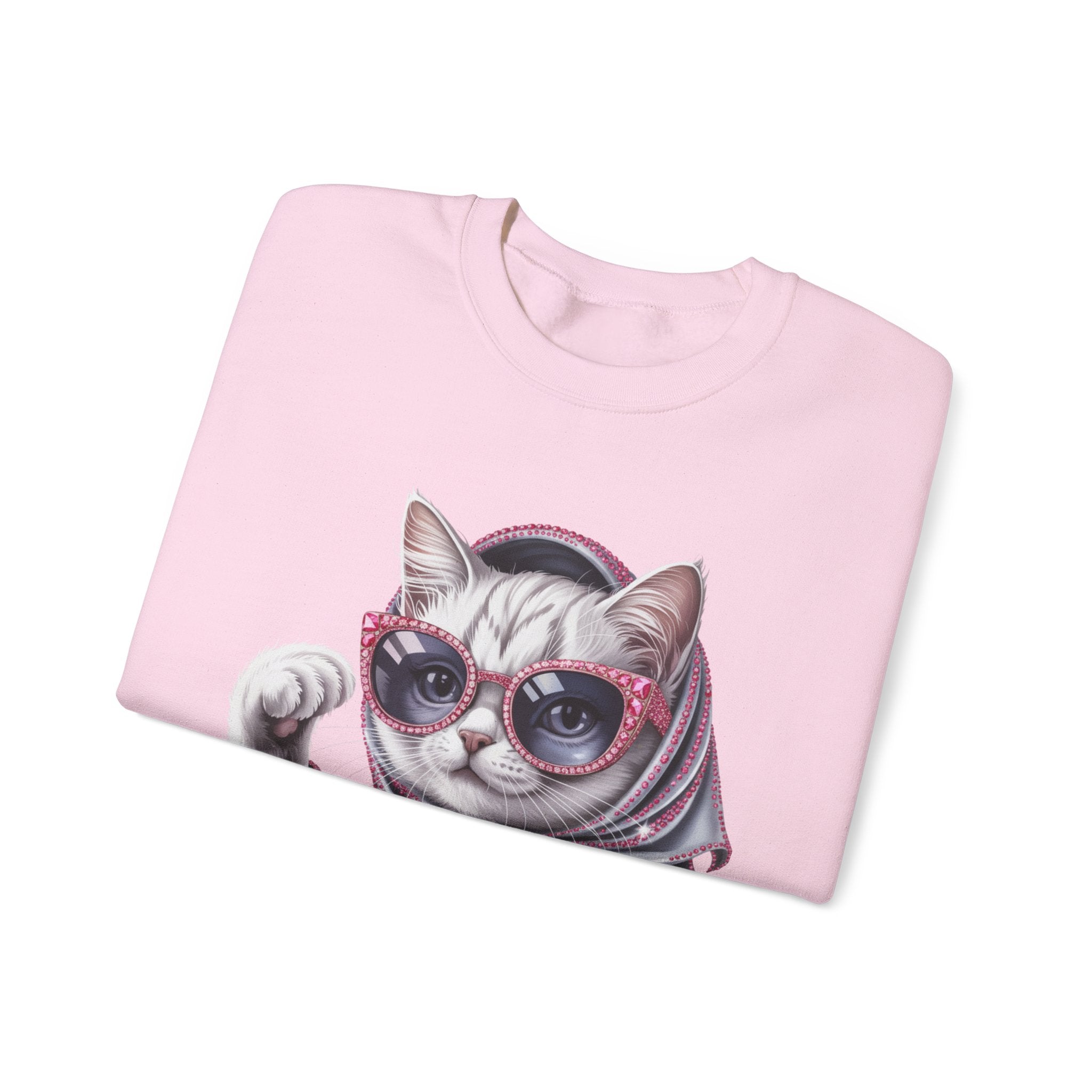 Retro Chic Cat Crewneck Sweatshirt — Stylish Sunglasses & Scarf Cat Graphic